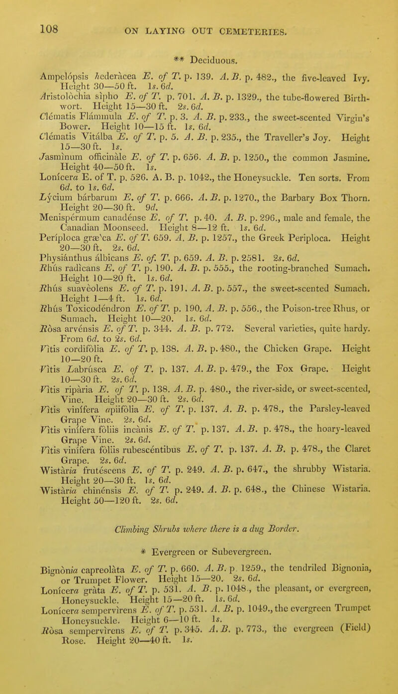 ** Deciduous. Ampelopsis //cderacea E. ofT.p. 1,39. A. B. p. 4:82., the five-leaved Ivy Height 30—50 ft. Is. 6d. ^ristolochia sijiho E. of T. p. 701. A. B. p. 1329., the tube-flowered Birth- wort. Height 15—30 ft. 2s.Gd. Clematis Flaminula E. of T. p. 3. A. B. p. 233., the sweet-scented Virgin's Bower. Height 10—15 ft. \s. Qd. Clematis Vitalba E. of T. p. 5. A. B. p. 235., the Traveller's Joy. Height 15—30 ft. 1*. Jiasml num officinale E, of T. p. 656. A, B, p. 1250., the common Jasmine. Height 40—50 ft. \s. Lonicera E. of T. p. 526. A. B. p. 104'2., the Honeysuckle. Ten sorts. From Qd. to Is. Gd. iycium barbarum E. of T. p. 666. A. B. p. 1270., the Barbary Box Thorn, Height 20—30 ft. 9d. Menispermum canadense E. of T. p. 40. A. B. p. 296., male and female, the Canadian Moonseed. Height 8—12 ft. Is. Gd. Periploca graeVa E. of T. 659. A. B. p. 1257., the Greek Periploca. Height 20—30 ft. 2s. Gd. Physianthus albicans E. of. T. p. 659. A. B. p. 2581. 2s. Gd. Rhixs radicans E. of T. p. 190. A. B. p. 555., the rooting-branched Sumach. Height 10—20 ft. Is. Gd. Rhixs suaveolens E. of T. p. 19). A.B. p. 557., the sweet-scented Sumach. Height 1—4 ft. Is. Gd. flhus Toxicodendron E. ofT. p. 190. A. B. p. 556., the Poison-tree Rhus, or Sumach. Height 10—20. Is. Gd. i?6sa arvensis E. of T. p. 344. A. B. p. 772. Several varieties, quite hardy. From Gd. to 2s. Gd. Fitis cordifolia E. of T. p. 138. A. B. p. 480., the Chicken Grape. Height 10—20 ft. Fitis iabrusca E. of T. p. 137. A. B. p. 479., the Fox Grape. Height 10—30 ft. 2s. Gd. Fitis riparia E. of T. p. 138. A. B. p. 480., the river-side, or sweet-scented, Vine. Height 20—30 ft. 2s. Gd. Fitis vinifera rrpiifolia E. of T. p. 137. A. B. p. 478., the Parsley-leaved Grape Vine. 2s. Gd. Titis vinifera foliis incanis E. of T'. p. 137. A. B. p. 478., the hoary-leaved Grape Vine. 2s. Gd. Fitis vinifera foliis rubescentibus E. of T. p. 137. A. B. p. 478., the Claret Grape. 2s. 6c?. Wistana frutescens E. of T. p. 249. A. B. p. 647., the shrubby Wistaria. Height 20—30 ft. \s. Gd. Wistaria chinensis E. of T. p. 249. A. B. p. 648., the Chinese Wistaria. Height 50—120 ft. 2s. Gd. Climbing Shrubs where there is a dtig Border. * Evergreen or Subevergreen. Bignonwz capreolata E. of T. p. 660. A.B. p 1259., the tendriled Bignonia, or Trumpet Flower. Height 15—20. 2s. Gd. Lonicerfl grata E. of T. p. 531. A. B. p. 1048., the pleasant, or evergreen. Honeysuckle. Height 15—20 ft. Is. Gd. Lonicera sempervirens E. ofT. p. 531. A. B. p. 1049., the evergreen Trumpet Honeysuckle. Height 0—10 ft. Is. ,y.- , ,s ifosa sempervirens E. of T. p. 345. A. B. p. 773., the evergreen (Field) Rose. Height 20—40 ft. If.