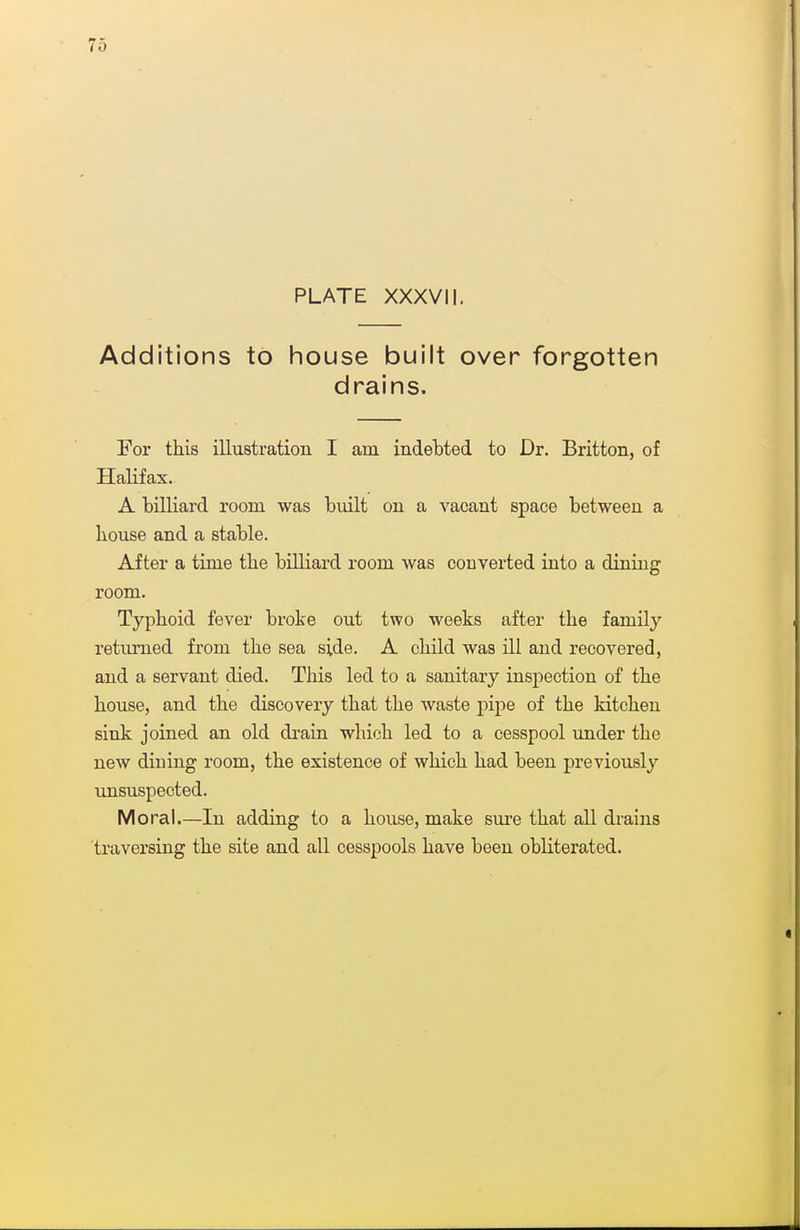 PLATE XXXVII. Additions to house built over forgotten drains. For this illustration I am indebted to Dr. Britton, of Halifax. A billiard room was built on a vacant space between a liouse and a stable. After a time the billiard room was converted into a dining room. Typhoid fever broke out two weeks after the family returned from the sea side. A child was ill and recovered, and a servant died. This led to a sanitary inspection of the house, and the discovery that the waste pipe of the kitchen sink joined an old drain which led to a cesspool under the new dining room, the existence of which had been previously unsuspected. Moral.—In adding to a house, make sm'e that all drains traversing the site and all cesspools have been obliterated.