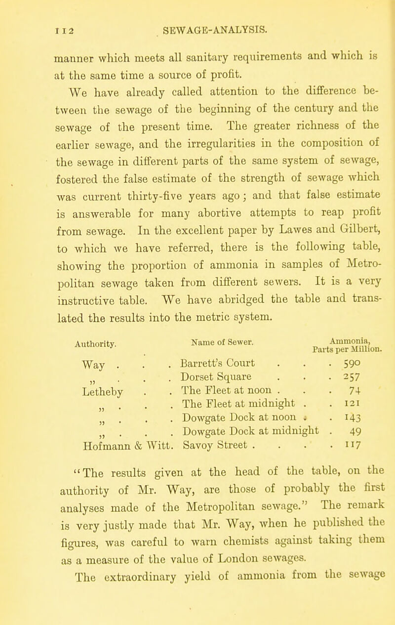 manner which meets all sanitary requirements and which is at the same time a source of profit. We have already called attention to the difference be- tween the sewage of the beginning of the century and the sewage of the present time. The greater richness of the earlier sewage, and the irregularities in the composition of the sewage in different parts of the same system of sewage, fostered the false estimate of the strength of sewage which was current thirty-five years ago; and that false estimate is answerable for many abortive attempts to reap profit from sewage. In the excellent paper by Lawes and Gilbert, to which we have referred, there is the following table, showing the proportion of ammonia in samples of Metro- politan sewage taken from different sewers. It is a very instructive table. We have abridged the table and trans- lated the results into the metric system. Authority. Name of Sewer. Ammonia, Parts per Million. Way . . . Barrett's Court . . . 590 . Dorset Square . . . 257 Letheby . . The Fleet at noon ... 74 . The Fleet at midnight . .121 . Dowgate Dock at noon > -143 . Dowgate Dock at midnight . 49 Hofmann & Witt. Savoy Street . . . .117 The results given at the head of the table, on the authority of Mr. Way, are those of probably the first analyses made of the Metropolitan sewage. The remark is very justly made that Mr. Way, when he published the figures, was careful to warn chemists against taking them as a measure of the value of London sewages. The extraordinary yield of ammonia from the sewage