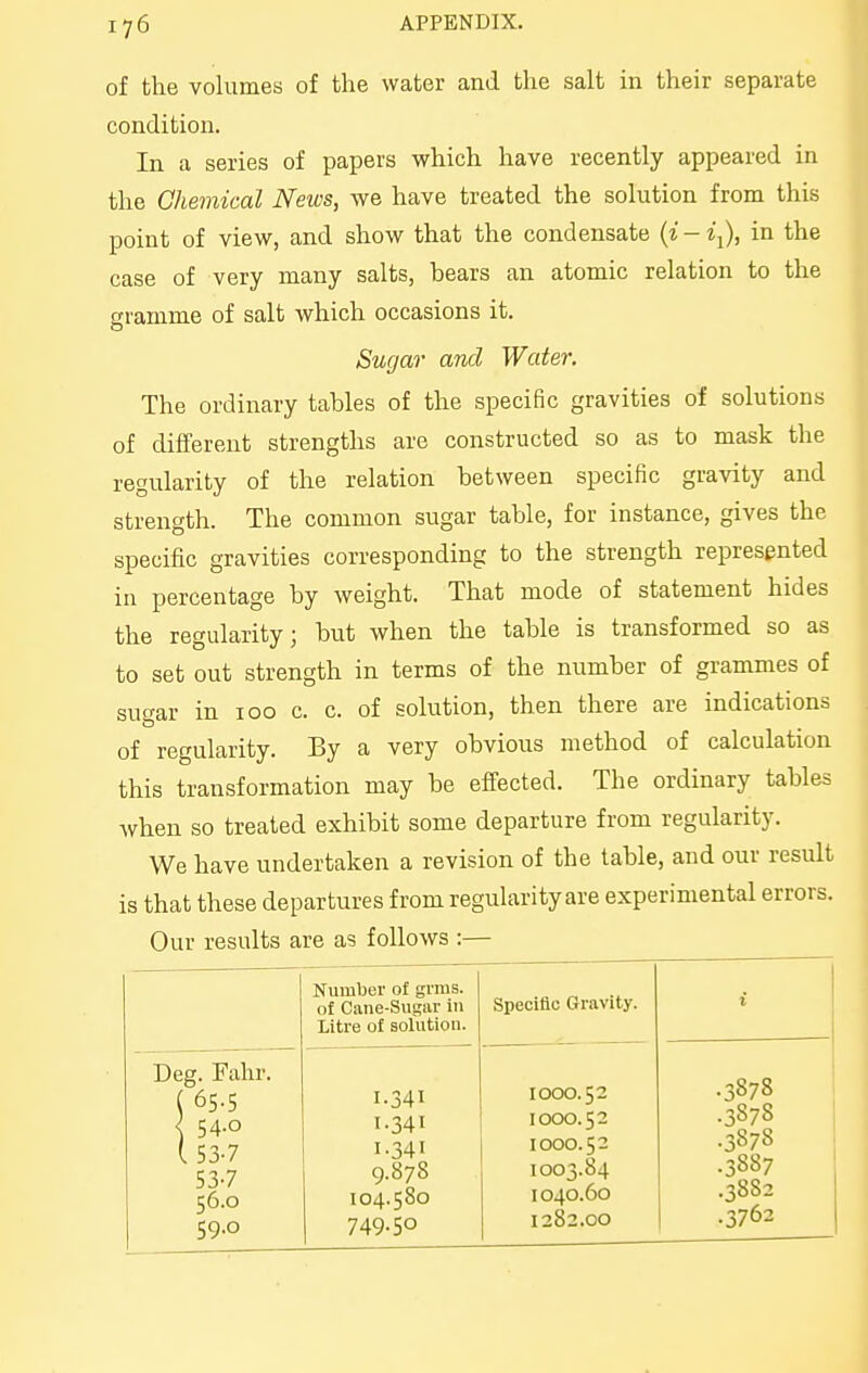 of the volumes of the water and the salt in their separate condition. In a series of papers which have recently appeared in the Chemical News, we have treated the solution from this point of view, and show that the condensate {i -in the case of very many salts, bears an atomic relation to the gramme of salt which occasions it. Sugar and Water. The ordinary tables of the specific gravities of solutions of different strengths are constructed so as to mask the regularity of the relation between specific gravity and strength. The common sugar table, for instance, gives the specific gravities corresponding to the strength represented in percentage by weight. That mode of statement hides the regularity; but when the table is transformed so as to set out strength in terms of the number of grammes of sugar in 100 c. c. of solution, then there are indications of regularity. By a very obvious method of calculation this transformation may be effected. The ordinary tables when so treated exhibit some departure from regularity. We have undertaken a revision of the table, and our result is that these departures from regularity are experimental errors. Our results are as follows :— Number of grms. of Cane-Sugar in Litre of solution. Specific Gravity. t Deg. Fahr. ( 65.5 < 54-0 ( 53-7 53-7 56.0 59.0 1-341 I-341 I-341 9.878 104.580 749.50 1000.52 1000.52 1000.52 1003.84 1040.60 1282.00 .3878 -3878 .3878 .3887 .3882 .3762