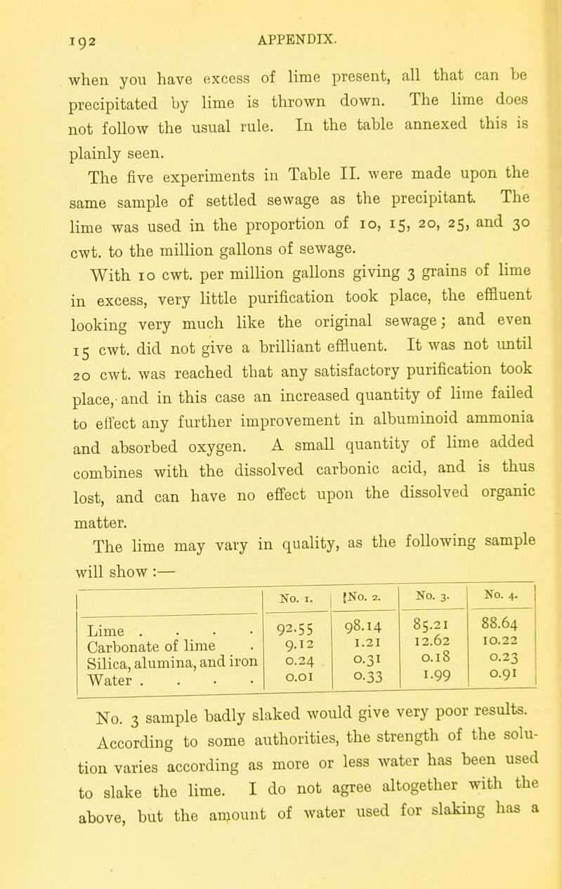 when you have excess of lime present, all that can be precipitated by lime is thrown down. The lime does not follow the usual rule. In the table annexed this is plainly seen. The five experiments in Table II. were made upon the same sample of settled sewage as the precipitant. The lime was used in the proportion of 10, 15, 20, 25, and 30 cwt. to the million gallons of sewage. With 10 cwt. per million gallons giving 3 grains of lime in excess, very little purification took place, the effluent looking very much like the original sewage; and even 15 cwt. did not give a brilliant effluent. It was not until 20 cwt. was reached that any satisfactory purification took place,' and in this case an increased quantity of lime failed to effect any further improvement in albuminoid ammonia and absorbed oxygen. A small quantity of lime added combines with the dissolved carbonic acid, and is thus lost, and can have no effect upon the dissolved organic matter. The lime may vary in quality, as the following sample will show:— No. I. {No. 2. No. 3. No. 4. Lime . . • Carbonate of lime Silica, alumina, and iron Water .... 92.55 9.12 0.24 0.01 98.14 1.21 0.31 0.33 85.21 12.62 0.18 1.99 88.64 10.22 0.23 0.91 No. 3 sample badly slaked would give very poor results. According to some authorities, the strength of the solu- tion varies according as more or less water has been used to slake the lime. I do not agree altogether with the above, but the amount of water used for slaking has a