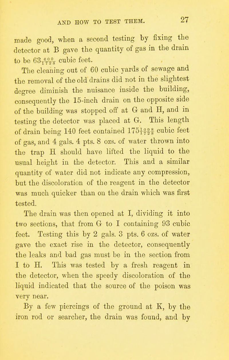 made good, when a second testing by fixing the detector at B gave the quantity of gas in the drain to be 63xVA cubic feet. The cleaning out of 60 cubic yards of sewage and the removal of the old drains did not in the slightest degree diminish the nuisance inside the building, consequently the 15-inch drain on the opposite side of the building was stopped off at G and H, and in testing the detector was placed at G. This length of drain being 140 feet contained 175J-ff| cubic feet of gas, and 4 gals. 4 pts. 8 ozs. of water thrown into the trap H should have lifted the liquid to the usual height in the detector. This and a similar quantity of water did not indicate any compression, but the discoloration of the reagent in the detector was much quicker than on the drain which was first tested. The drain was then opened at I, dividing it into two sections, that from G- to I containing 93 cubic feet. Testing this by 2 gals. 3 pts. 6 ozs. of water gave the exact rise in the detector, consequently the leaks and bad gas must be in the section from I to H. This was tested by a fresh reagent in the detector, when the speedy discoloration of the liquid indicated that the source of the poison was very near. By a few piercings of the ground at K, by the iron rod or searcher, the drain was found, and by