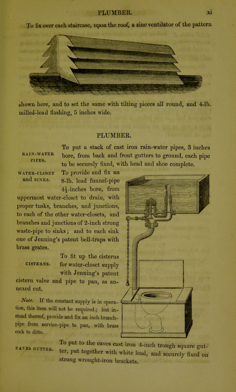 To fix over each staircase, upon the roof, a zinc ventilator of the pattern shown here, and to set the same with tilting pieces all round, and 4-lb. milled-lead flashing, 5 inches wide. RAIN-WATER PIPES. WATER-CLOSET and SINKS. PLUMBER. To put a stack of cast iron rain-water pipes, 3 inches bore, from back and front gutters to ground, each pipe to be securely fixed, with head and shoe complete. To provide and fix an 8-lb. lead funnel-pipe 4^-inches bore, from uppermost water-closet to drain, with proper tusks, branches, and junctions, to each of the other water-closets, and branches and junctions of 2-inch strong waste-pipe to sinks; and to each sink one of Jenning's patent bell-traps with brass grates. To fit up the cisterns CISTERNS. for water-closet supply with Jenning^s patent cistern valve and pipe to pan, as an- nexed cut. Note. If the constant supply is in opera- tion, this item will not be required; but in- stead thereof, provide and fix an inch branch- pipe from service-pipe to pan, with brass cock to ditto. EAVES au™« T ''V '^ir^'. ^'''^ t^'^g'^ S>'t- tcr, put together with white lead, and securely fixed ou strong wrought-iron brackets.