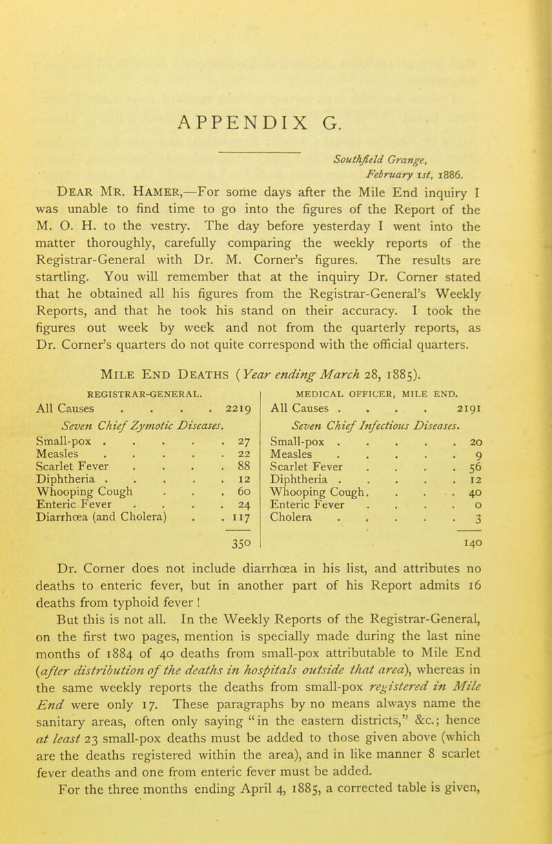 Southfield Grange, February ist, 1886. Dear Mr. Hamer,—For some days after the Mile End inquiry I was unable to find time to go into the figures of the Report of the M, O. H. to the vestry. The day before yesterday I went into the matter thoroughly, carefully comparing the weekly reports of the Registrar-General with Dr. M. Corner's figures. The results are startling. You will remember that at the inquiry Dr. Corner stated that he obtained all his figures from the Registrar-General's Weekly Reports, and that he took his stand on their accuracy. I took the figures out week by week and not from the quarterly reports, as Dr. Corner's quarters do not quite correspond with the official quarters. Mile End Deaths {Year ending March 2%, 1885). REGISTRAR-GENERAL. medical officer, mile end. All Causes .... 2219 All Causes .... 2191 Seven Chief Zymotic Diseases. Seven Chief Infectious Diseases. Small-pox .... 27 Small-pox ..... 20 Measles . . . . . 22 Measles ..... 9 Scarlet Fever . . . . 88 Scarlet Fever .... 56 Diphtheria . . . . . 12 Diphtheria ..... 12 Whooping Cough 60 Whooping Cough. . . . 40 Enteric Fever . . . . 24 Enteric Fever .... 0 Diarrhoea (and Cholera) 117 Cholera ..... 3 350 140 Dr. Corner does not include diarrhoea in his list, and attributes no deaths to enteric fever, but in another part of his Report admits 16 deaths from typhoid fever ! But this is not all. In the Weekly Reports of the Registrar-General, on the first two pages, mention is specially made during the last nine months of 1884 of 40 deaths from small-pox attributable to Mile End {after distributiott of the deaths in hospitals outside that area), whereas in the same weekly reports the deaths from small-pox registered in Mile End were only 17. These paragraphs by no means always name the sanitary areas, often only saying in the eastern districts, &c.; hence at least 23 small-pox deaths must be added to those given above (which are the deaths registered within the area), and in like manner 8 scarlet fever deaths and one from enteric fever must be added.