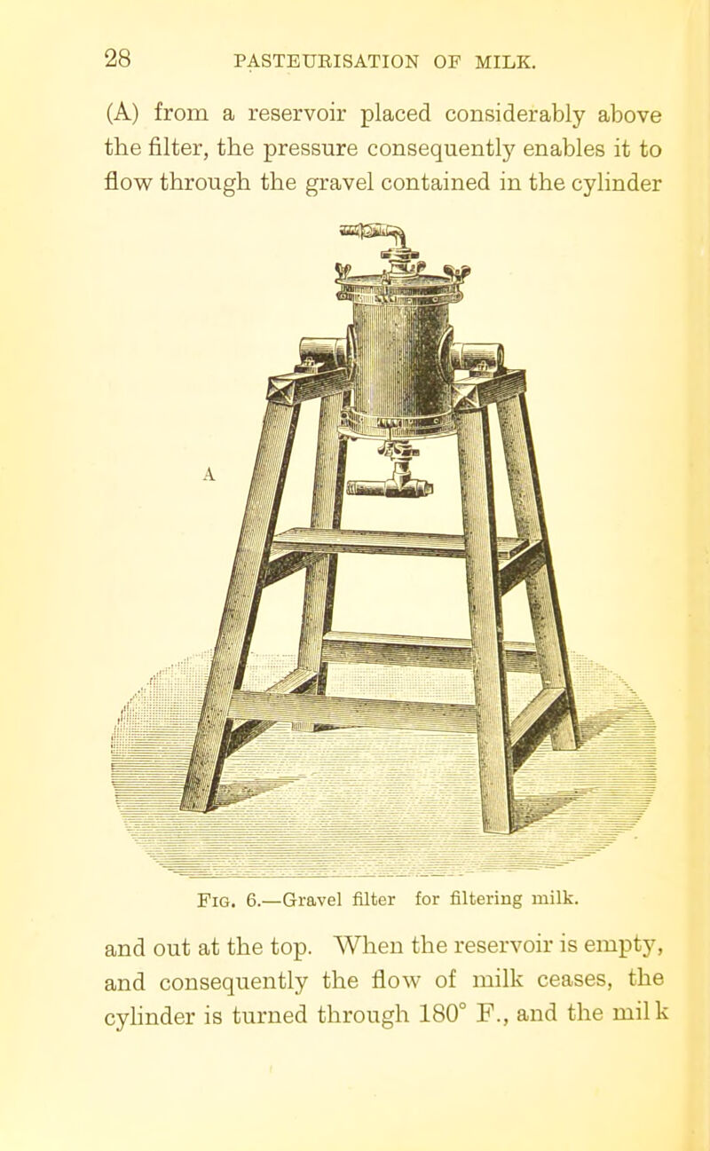 (A) from a reservoir placed considerably above the filter, the pressure consequentlj^ enables it to flow through the gravel contained in the cylinder Fig. 6.—Gravel filter for filtering milk. and out at the top. When the reservoir is empty, and consequently the flow of milk ceases, the cyhnder is turned through 180° F., and the milk