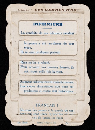 Infirmier soignant un blessé Allemand / Offert par "Les Gerbes D'or" chaussures, 31, Rue des Minimes, Les Mans.