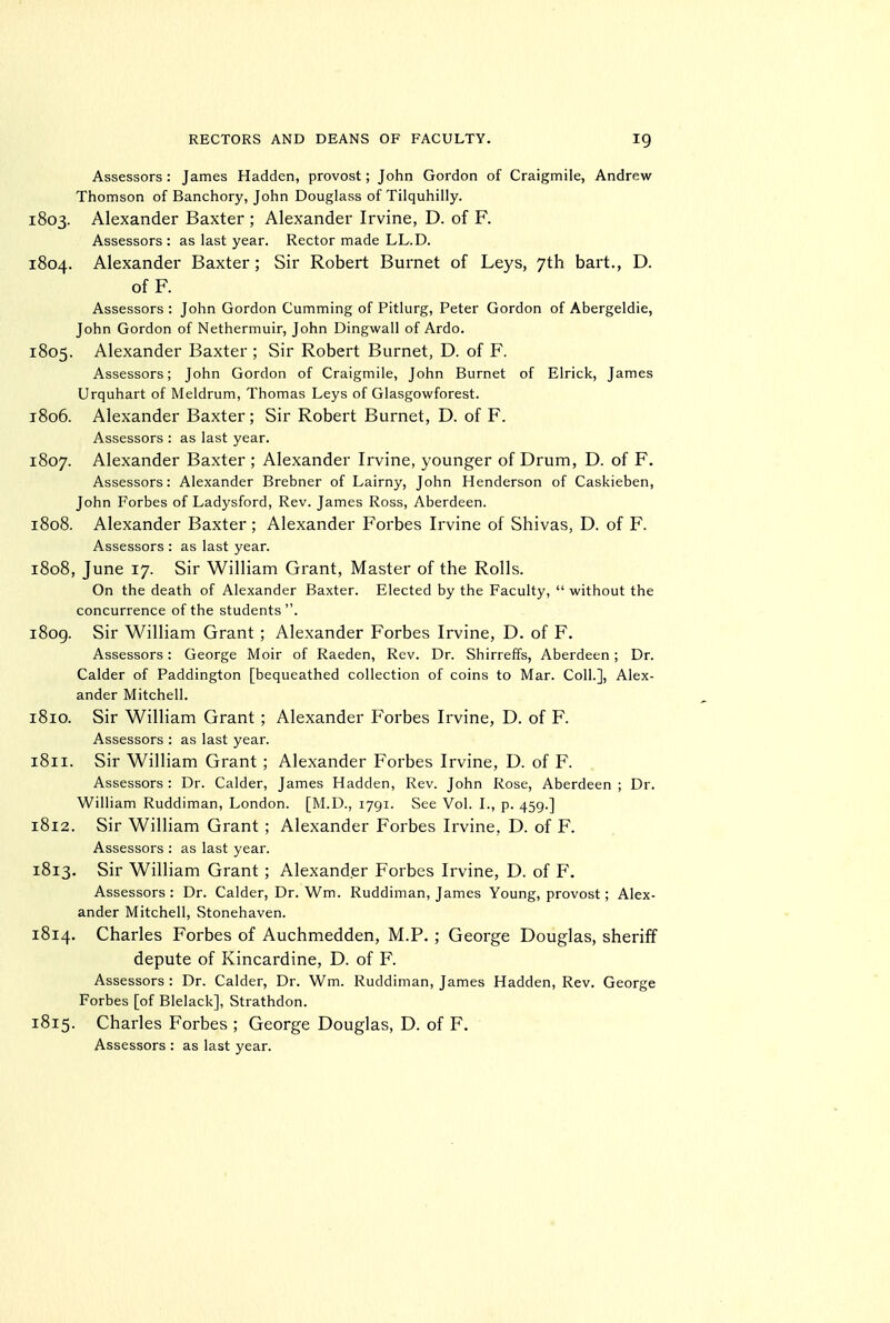 Assessors : James Hadden, provost; John Gordon of Craigmile, Andrew Thomson of Banchory, John Douglass of Tilquhilly. 1803. Alexander Baxter ; Alexander Irvine, D. of F. Assessors : as last year. Rector made LL.D. 1804. Alexander Baxter; Sir Robert Burnet of Leys, 7th bart., D. of F. Assessors : John Gordon Gumming of Pitlurg, Peter Gordon of Abergeldie, John Gordon of Nethermuir, John Dingwall of Ardo. 1805. Alexander Baxter ; Sir Robert Burnet, D. of F. Assessors; John Gordon of Craigmile, John Burnet of Elrick, James Urquhart of Meldrum, Thomas Leys of Glasgowforest. 1806. Alexander Baxter; Sir Robert Burnet, D. of F. Assessors : as last year. 1807. Alexander Baxter ; Alexander Irvine, younger of Drum, D. of F. Assessors: Alexander Brebner of Lairny, John Henderson of Caskieben, John Forbes of Ladysford, Rev. James Ross, Aberdeen. 1808. Alexander Baxter ; Alexander Forbes Irvine of Shivas, D. of F. Assessors : as last year. 1808, June 17. Sir William Grant, Master of the Rolls. On the death of Alexander Baxter. Elected by the Faculty,  without the concurrence of the students . i8og. Sir William Grant ; Alexander Forbes Irvine, D. of F. Assessors: George Moir of Raeden, Rev. Dr. Shirreffs, Aberdeen; Dr. Calder of Paddington [bequeathed collection of coins to Mar. Coll.], Alex- ander Mitchell. 1810. Sir William Grant; Alexander Forbes Irvine, D. of F. Assessors : as last year. 1811. Sir William Grant; Alexander Forbes Irvine, D. of F. Assessors : Dr. Calder, James Hadden, Rev. John Rose, Aberdeen ; Dr. William Ruddiman, London. [M.D., 1791. See Vol. L, p. 459.] 1812. Sir William Grant ; Alexander Forbes Irvine, D. of F. Assessors : as last year. 1813. Sir William Grant; Alexander Forbes Irvine, D. of F. Assessors: Dr. Calder, Dr. Wm. Ruddiman, James Young, provost; Alex- ander Mitchell, Stonehaven. 1814. Charles Forbes of Auchmedden, M.P. ; George Douglas, sheriff depute of Kincardine, D. of F. Assessors : Dr. Calder, Dr. Wm. Ruddiman, James Hadden, Rev. George Forbes [of Blelack], Strathdon. 1815. Charles Forbes ; George Douglas, D. of F. Assessors : as last year.