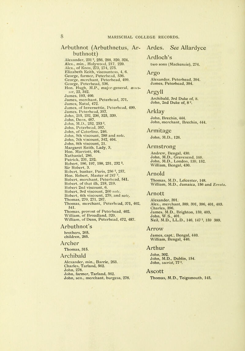 Arbuthnot (Arbuthnetus, Ar- buthnott) Alexander, 231 2, 256, 288, 320, 324. Alex., min., Holywood, 217, 220. Alex., of Knox, 273, 274, 275. Elizabeth Keith, viscountess, 4, 6. George, farmer, Peterhead, 536. George, merchant, Peterhead, 499. George, Peterhead, 536. Hon. Hugh, M.P., major-general, asses- sor, 22, 342. James, 193, 400. James, merchant, Peterhead, 371. James, Natal, 472. James, of Invernettie, Peterhead, 499. James, Peterhead, 357. John, 215, 232, 236, 325, 339. John, Dens, 487. John, M.D., 252, 253 3. John, Peterhead, 357. John, of Caterline, 246. John, 5th viscount, 288 and note. John, 7th viscount, 342, 404. John, 8th viscount, 21. Margaret Keith, Lady, 3, Hon. Marriott, 404. Nathaniel, 286. Patrick, 231, 232. Robert, 196, 197, 198, 231, 232 2. Sir Robert, 3. Robert, banker, Paris, 256 -, 257. Hon. Robert, Master of 247 2. Robert, merchant, Peterhead, 541. Robert, of that ilk, 218, 219. Robert 2nd viscount, 6. Robert, 3rd viscount, 260 note. Robert, 4th viscount, 279, and note. Thomas, 270, 271, 287. Thomas, merchant, Peterhead, 371, 402, 541. Thomas, provost of Peterhead, 402. William, of Broadland, 320. William, of Dens, Peterhead, 472, 487. Arbuthnot's brothers, 265. children, 265. Archer Thomas, 315. Archibald Alexander, min., Barrie, 263. Charles, Tarland, 562. John, 278. John, farmer, Tarland, 562. John, sen., merchant, burgess, 278. Ardes. See Allardyce Ardloch's two sons (Mackenzie), 274. Argo Alexander, Peterhead, 394. James, Peterhead, 394. Argyll Archibald, 3rd Duke of, 8. John, 2nd Duke of, 8\ Arklay John, Brechin, 444. John, merchant, Brechin, 444. Armitage John, M.D., 126. Armstrong Andrew, Bengal, 430. John, M.D., Gravesend, 168. John, M.D., London, 139, 152. William, Bengal, 430. Arnold Thomas, M.D., Leicester, 148. William, M.D., Jamaica, 156 and Errata, Arnott Alexander, 391. Alex., merchant, 389, 391, 396, 401, 403. Charles, 396. James, M.D., Brighton, 159, 403, John, W.S., 401. Neil, M.D., LL.D., 146, 147 ■\ 159 389. Arrow James, capt., Bengal, 440. William, Bengal, 440. Arthur John, 302. John, M.D., Dublin, 154. John, sacrist, 77 2. Ascott Thomas, M.D., Teignmouth, 145,