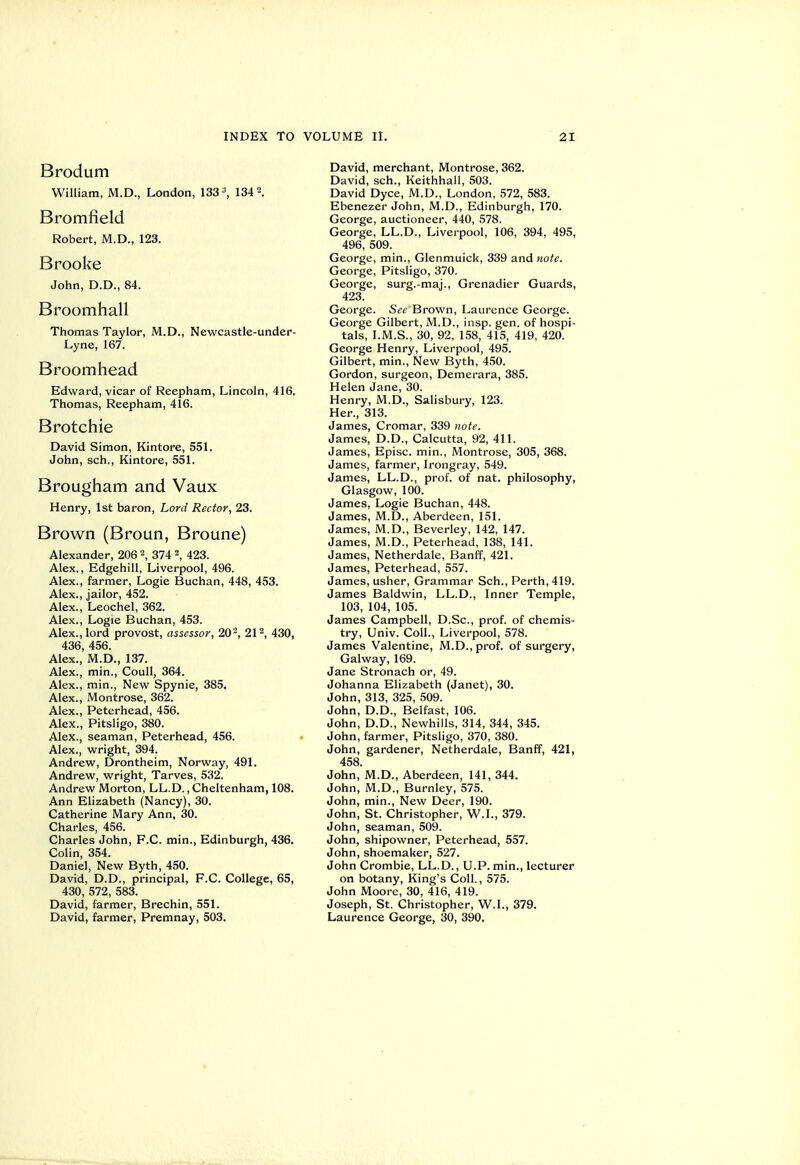 Brodum William, M.D., London, 133^, 134 2. Bromfield Robert, M.D., 123. Brooke John, D.D., 84. Broomhall Thomas Taylor, M.D., Newcastle-under- Lyne, 167. Broomhead Edward, vicar of Reepham, Lincoln, 416. Thomas, Reepham, 416. Brotchie David Simon, Kintore, 551. John, sch., Kintore, 551. Brougham and Vaux Henry, 1st baron. Lord Rector, 23. Brown (Broun, Broune) Alexander, 206 2, 374 2, 423. Alex., EdgehiU, Liverpool, 496. Alex., farmer. Logic Buchan, 448, 453. Alex., jailor, 452. Alex., Leochel, 362. Alex., Logic Buchan, 453. Alex., lord provost, assessor, 20^, 212, 430, 436, 456. Alex., M.D., 137. Alex., min., Coull, 364. Alex., min., New Spynie, 385. Alex., Montrose, 362. Alex., Peterhead, 456. Alex., Pitsligo, 380. Alex., seaman, Peterhead, 456. Alex., wright, 394. Andrew, Drontheim, Norway, 491. Andrew, wright, Tarves, 532. Andrew Morton, LL.D., Cheltenham, 108. Ann Elizabeth (Nancy), 30. Catherine Mary Ann, 30. Charles, 456. Charles John, F.C. rain., Edinburgh, 436. Colin, 354. Daniel, New Byth, 450. David, D.D., principal, F.C. College, 65, 430, 572, 583. David, farmer, Brechin, 551. David, farmer, Premnay, 503. David, merchant, Montrose, 362. David, sch., Keithhall, 503. David Dyce, M.D., London, 572, 583. Ebenezer John, M.D., Edinburgh, 170. George, auctioneer, 440, 578. George, LL.D., Liverpool, 106, 394, 495, 496, 509. George, min., Glenmuick, 339 and note. George, Pitsligo, 370. George, surg.-maj.. Grenadier Guards, 423. George. See Brown, Laurence George. George Gilbert, M.D., insp. gen. of hospi- tals, I.M.S., 30, 92, 158, 415, 419, 420. George Henry, Liverpool, 495. Gilbert, min.. New Byth, 450. Gordon, surgeon, Demerara, 385. Helen Jane, 30. Henry, M.D., Salisbury, 123. Her., 313. James, Cromar, 339 note. James, D.D., Calcutta, 92, 411. James, Episc. min., Montrose, 305, 368. James, farmer, Irongray, 549. James, LL.D., prof, of nat. philosophy, Glasgow, 100. James, Logic Buchan, 448. James, M.D., Aberdeen, 151. James, M.D., Beverley, 142, 147. James, M.D., Peterhead, 138, 141. James, Netherdale, Banff, 421. James, Peterhead, 557. James, usher. Grammar Sch., Perth, 419. James Baldwin, LL.D., Inner Temple, 103, 104, 105. James Campbell, D.Sc, prof, of chemis- try, Univ. Coll., Liverpool, 578. James Valentine, M.D., prof, of surgery, Galway, 169. Jane Stronach or, 49. Johanna Elizabeth (Janet), 30. John, 313, 325, 509. John, D.D., Belfast, 106. John, D.D., Newhills, 314, 344, 345. John, farmer, Pitsligo, 370, 380. John, gardener, Netherdale, Banff, 421, 458. John, M.D., Aberdeen, 141, 344. John, M.D., Burnley, 575. John, min., New Deer, 190. John, St. Christopher, W.I., 379. John, seaman, 509. John, shipowner, Peterhead, 557. John, shoemaker, 527. John Crombie, LL.D., U.P. min., lecturer on botany. King's Coll., 575. John Moore, 30, 416, 419. Joseph, St. Christopher, W.I., 379. Laurence George, 30, 390.