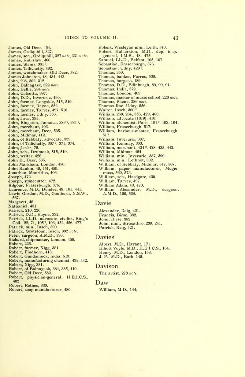 James, Old Deer, 454. James, Ordiquhill, 327. James, sen., Ordiquhill, 327 note, 331 note, James, Rubislaw, 406. James, Slains, 381'-. James, Tillichetly, 482. James, watchmaker. Old Deer, 582. James Johnston, 48, 434, 442. John, 298, 302, 312. John, Balnagask, 322 note. John, Bellie, 284 note. John, Calcutta, 397. John, D.D., Inverurie, 490. John, farmer, Longside, 515, 519. John, farmer, Rayne, 552. John, farmer, Tarves, 497, 510. John, farmer, Udny, 556. John, Java, 395. John, Kingston, Jamaica, 383 '-, 384% John, merchant, 403. John, merchant. Deer, 535. John, Midmar, 412. John, of Kebbaty, advocate, 339. John, of Tillichetly, 367 2, 371, 374. John, porter, 76. John, sch., DrumoaU, 515, 519. John, writer, 428. John B., Deer, 535. John Markham, London, 456. John Rankin, 48, 451, 459. Jonathan, Mauritius, 406. Joseph, 472. Joseph, stonecutter, 472. Kilgour, Fraserburgh, 376. Laurence, M.D., Dundee, 48, 161, 441. Lewis Gordon, M.D., Goulburn, N.S.W., 567. Margaret, 48. Nathaniel, 431. Patrick, 210, 226. Patrick, D.D., Rayne, 332. Patrick, LL.D., advocate, civilist. King's Coll., 22, 71, 1052, 106, 452, 456, 477. Patrick, min., Insch, 390. Patrick, Scotstoun, Insch, 332 note. Peter, surgeon, A.M.D., 536. Richard, shipmaster, London, 456. Robert, 226. Robert, farmer, Nigg, 38L Robert, Findhorn, 413. Robert, Gundamuck, India, 513. Robert, manufacturing chemist, 435, 442. Robert, Nigg, 381. Robert, of Balnagask, 384, 385, 410. Robert, Old Deer, 582. Robert, physician-general, H.E.I.C.S., 402 Robert, Rothes, 330. Robert, soap manufacturer, 480. Robert, Wesleyan min., Leith, 540. Robert Halkerston, M.D., dep. insp.- general, I.M.S., 48, 475. Samuel, LL.D., Belfast, 105, 107. Sebastian, Fraserburgh, 376. Sebastian, Udny, 428 2. Thomas, 356. Thomas, banker, Forres, 536. Thomas, burgess, 189. Thomas, D.D., Edinburgh, 89, 90, 91. Thomas, India, 572. Thomas, London, 409. Thomas, master of music school, 226 note. Thomas, Skene, 286 note. Thomas Rae, Udny, 556. Walter, Insch, 360 2. William, 260, 264, 356, 429, 480. William, advocate (1819), 410. William, alchemist, Paris, 191 193, 194. William, Fraserburgh, 517. William, harbour-master, Fraserburgh, 517. William, Inverurie, 387. William, Kemnay, 303. William, merchant, 424 2, 428, 435, 442. William, Midmar, 454. William, min., Inverurie, 387, 390. William, min., Lethnot, 302. William, of Kebbaty, Midmar, 547, 567. William, paper manufacturer, Mugie- moss, 560, 573. William, sch., Hardgate, 430. William, Tarves, 497. William Adam, 48, 470. William Alexander, M.D., surgeon, A.M.D., 169, 539. Davie Alexander, Keig, 421. Francis, Birse, 382. John, Birse, 382. John, min., Stracathro, 239, 241. Patrick, Keig, 421. Davies Albert, M.D., Havant, 171. Elliott Voyle, M.D., H.E.I.C.S., 164. Henry, M.D., London, 158. J. F., M.D., Bath, 145. Davison The artist, 278 note. Daw William, M.D., 144.