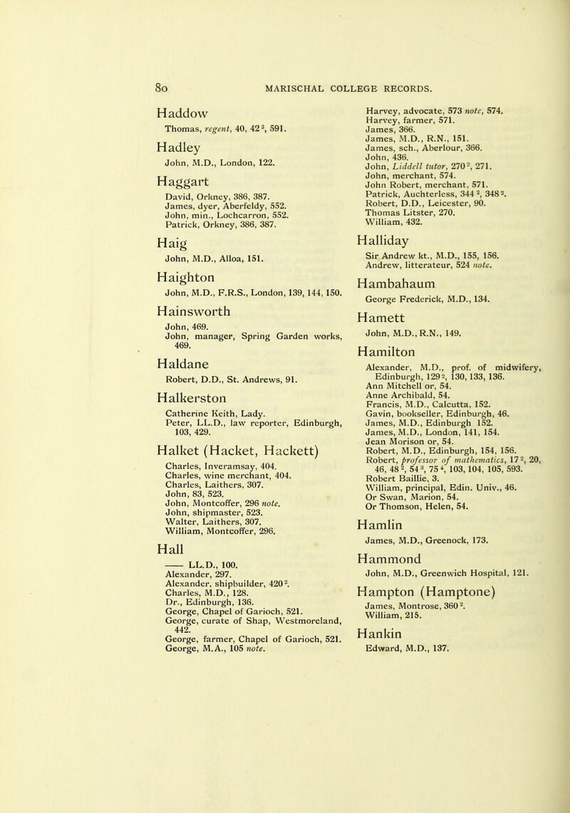 Haddow Thomas, regent, 40, 42 ^ 59L Hadley John, M.D., London, 122. Haggart David, Orkney, 386, 387. James, dyer, Aberfeldy, 552. John, min., Lochcarron, 552. Patrick, Orkney, 386, 387. Haig John, M.D., Alloa, ISL Haighton John, M.D., F.R.S., London, 139, 144, 150. Hainsworth John, 469. John, manager, Spring Garden works, 469. Haldane Robert, D.D., St. Andrews, 91. Halkerston Catherine Keith, Lady. Peter, LL.D., law reporter, Edinburgh, 103, 429. Halket (Hacket, Hackett) Charles, Inveramsay, 404. Charles, wine merchant, 404. Charles, Laithers, 307. John, 83, 523. John, Montcoffer, 296 note. John, shipmaster, 523. Walter, Laithers, 307. William, Montcoffer, 296. Hall LL.D., 100. Alexander, 297. Alexander, shipbuilder, 420^. Charles, M.D., 128. Dr., Edinburgh, 136. George, Chapel of Garioch, 521. George, curate of Shap, Westmoreland, 442. George, farmer, Chapel of Garioch, 521. George, M.A., 105 note. Harvey, advocate, 573 note, 574. Harvey, farmer, 571. James, 366. James, .\I.D., R.N., 151. James, sch., Aberlour, 366. John, 436. John, Liddcll tutor, 270-, 271. John, merchant, 574. John Robert, merchant, 571. Patrick, Auchterless, 344 2, 348 2. Robert, D.D., Leicester, 90. Thomas Litster, 270. William, 432. Halliday Sir Andrew kt., M.D., 155, 156. Andrew, litterateur, 524 note. Hambahaum George Frederick, M.D., 134. Harnett John, M.D.,R.N., 149. Hamilton Alexander, M.D., prof, of midwifery, Edinburgh, 1292, 130, 133, 136. Ann Mitchell or, 54. Anne Archibald, 54. Francis, M.D., Calcutta, 152. Gavin, bookseller, Edinburgh, 46. James, M.D., Edinburgh 152. James, M.D., London, 141, 154. Jean Morison or, 54. Robert, M.D., Edinburgh, 154, 156. Robert, professor of mathematics, 17 2,20, 46, 48 2, 54 a, 75 ^ 103, 104, 105, 593. Robert Baillie, 3. William, principal, Edin. Univ., 46. Or Swan, Marion, 54. Or Thomson, Helen, 54. Hamlin James, M.D., Greenock, 173. Hammond John, M.D., Greenwich Hospital, 121. Hampton (Hamptone) James, Montrose, 360 2. William, 215. Hankin Edv»ard, M.D., 137.