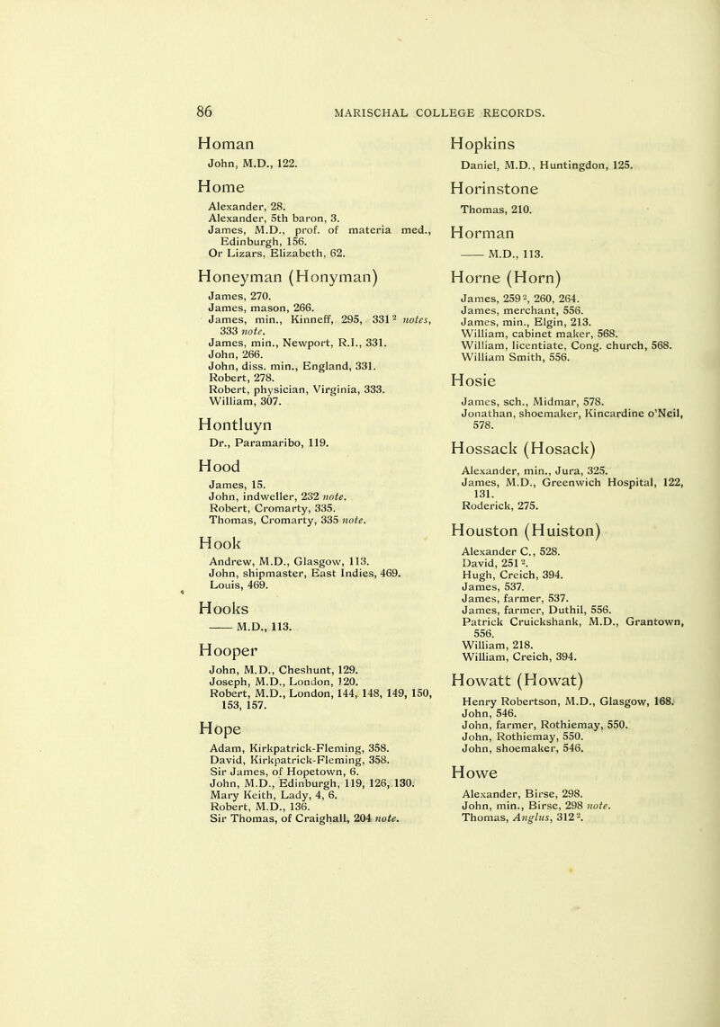 Homan John, M.D., 122. Home Alexander, 28. Alexander, 5th baron, 3. James, M.D., prof, of materia med., Edinburgh, 156. Or Lizars, Elizabeth, 62. Honeyman (Honyman) James, 270. James, mason, 266. James, min., Kinneff, 295, 331 ^ notes, 333 note. James, min., Newport, R.I., 331. John, 266. John, diss, min., England, 331. Robert, 278. Robert, physician, Virginia, 333. William, 307. Hontluyn Dr., Paramaribo, 119. Hood James, 15. John, indweller, 232 note. Robert, Cromarty, 335. Thomas, Cromarty, 335 note. Hook Andrew, M.D., Glasgow, 113. John, shipmaster, East Indies, 469. Louis, 469. Hooks iVI.D., 113. Hooper John, M.D., Cheshunt, 129. Joseph, M.D., London, 120. Robert, M.D., London, 144, 148, 149, 150, 153, 157. Hope Adam, Kirkpatrick-Fleming, 358. David, Kirkpatrick-Fleming, 358. Sir James, of Hopetown, 6. John, M.D., Edinburgh, 119, 126, 130. Mary Keith, Lady, 4, 6. Robert, M.D., 136. Sir Thomas, of Craighall, 204 note. Hopkins Daniel, M.D., Huntingdon, 125. Horinstone Thomas, 210. Horman M.D., 113. Home (Horn) James, 259 2, 260, 264. James, merchant, 556. James, min., Elgin, 213. William, cabinet maker, 568. William, licentiate, Cong, church, 568. William Smith, 556. Hosie James, sch., Midmar, 578. Jonathan, shoemaker, Kincardine o'Neil, 578. Hossack (Hosack) Alexander, min.. Jura, 325. James, M.D., Greenwich Hospital, 122, 131. Roderick, 275. Houston (Huiston) Alexander C, 528. David, 251 2. Hugh, Creich, 394. James, 537. James, farmer, 537. James, farmer, Duthil, 556. Patrick Cruickshank, M.D., Grantown, 556. William, 218. William, Creich, 394. Howatt (Howat) Henry Robertson, M.D., Glasgow, 168. John, 546. John, farmer, Rothiemay, 550. John, Rothiemay, 550. John, shoemaker, 546. Howe Alexander, Birse, 298. John, min., Birse, 298 note. Thomas, Anglus, 312