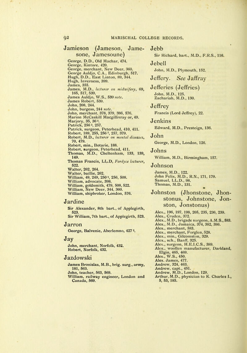 Jamieson (Jameson, Jame- sone, Jamesoune) George, D.D., Old Machar, 474. George, Kintore, 420. George, merchant. New Deer, 360. George Auldjo, C.A., Edinburgh, 517. Hugh, D.D., East Linton, 89, 344. Hugh, Inverness, 399. James, 355. James, M.D., lecturer on midwifery, 69, 165, 517, 539. James Auldjo, W.S., 539 note. James Robert, 539. John, 208, 244. John, burgess, 244 note. John, merchant, 378, 379, 386, 576. Marion McCaskiU Macgillivray or, 49. Marjory, 35, 36 2. Patrick, 256 2, 257. Patrick, surgeon, Peterhead, 410, 411. Robert, 189, 255, 256 \ 257, 379. Robert, M.D., lecturer on mental diseases, 70, 479. Robert, min., Botarie, 188. Robert, surgeon, Peterhead, 411. Thomas, M.D., Cheltenham, 133, 139, 149. Thomas Francis, LL.D, Fordyce lecturer, 522. Walter, 262, 264. Walter, baillie, 262. William, 49, 249, 250 2, 256, 508. William, advocate, 398. William, goldsmith, 479, 508, 522. William, New Deer, 344, 360. William, shipbroker, London, 576. Jardine Sir Alexander, 8th bart., of Applegirth, 523. Sir William, 7th bart., of Applegirth, 523. Jarron George, Balvenie, Aberlemno, 427 \ Jay John, merchant, Norfolk, 432. Robert, Norfolk, 432. Jazdowski James Bronislas, M.B., brig, surg., army, 181, 563. John, teacher, 563, 569. William, railway engineer, London and Canada, 569. Jebb Sir Richard, bart., M.D., F.R.S., 116. Jebell John, M.D., Plymouth, 152. Jeffery. See Jaffray Jefferies (Jeffries) John, M.D., 125. Zachariah, M.D., 130. Jeffrey Francis (Lord Jeffrey), 22. Jenkins Edward, M.D., Presteign, 136. John George, M.D., London, 126. Johns William, M.D., Birmingham, 157. Johnson James, M.D., 122. John Felix, M.D., R.N., 171, 179. Samuel, LL.D., 98. Thomas, M.D., 131. « Johnston (Jhonstone, Jhon- stonus, Johnstone, Jon- ston, Jonstonus) Alex., 196, 197, 198, 205, 235, 236, 239. Alex., Cruden, 372. Alex., M.D., brigade surgeon, A.M.S., 583. Alex., M.D., Jamaica, 374, 382, 386. Alex., merchant, 583. Alex., merchant, Forglen, 528. Alex., min., Gilcomston, 329. Alex., sch., Banff, 325. Alex., surgeon, H.E.I.C.S., 389. Alex., woollen manufacturer, Darkland, Elgin, 465, 469. Alex., W.S., 450. Alex. James, 477. Andrew, 324, 463. Andrew, capt., 451. Andrew, M.D., London, 129. Arthur, M.D., physician to K. Charles I., 5, 53, 185.