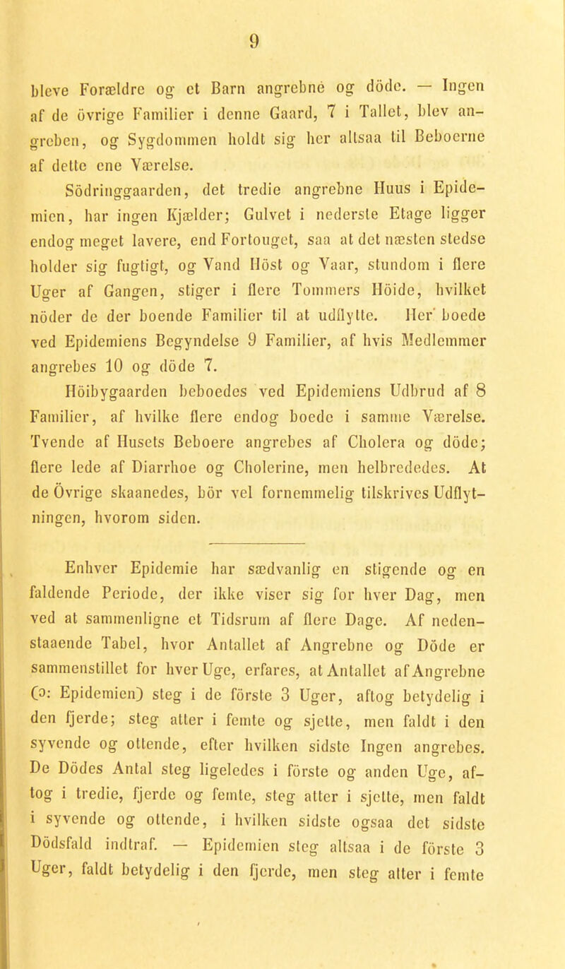 bleve Forældrc og- et Barn angrebné og dode. — Ingen af de ovrige Familier i denne Gaard, 7 i Tallet, blev an- greben, og Sygdommen holdt sig her allsaa til Beboerne af dette ene Værelse. Sodringgaarden, det tredie angrebne Huus i Epide- mien, har ingen Kjælder; Gulvet i nederste Etage ligger endof meofet lavere, end Fortouget, saa at det næsten stedse holder sig fugtigt, og Vand Host og Vaar, stundom i flere Uger af Gangen, stiger i flere Tommers Hoide, hvilket noder de der boende Familier til at udflytte. Her' boede ved Epidemiens Begyndelse 9 Familier, af hvis Medlemmer angrebes 10 og dode 7. Hoibygaarden beboedes ved Epidemiens Udbrud af 8 Familier, af hvilke flere endog boede i samme Værelse. Tvende af Husets Beboere angrebes af Cholera og dode; flere lede af Diarrhoe og Cholerine, men helbrededes. At de Ovrige skaanedes, bor vel fornemmelig tilskrives Udflyt- ningen, hvorom siden. Enhver Epidemie har sædvanlig en stigende og en faldende Periode, der ikke viser sig for hver Dag, men ved at sammenligne et Tidsrum af flere Dage. Af neden- staaende Tabel, hvor Antallet af Angrebne og Dode er sammenstillet for hverUge, erfares, at Antallet af Angrebne Co: Epidemien) steg i de forste 3 Uger, aflog betydelig i den fjerde; steg atter i femte og sjette, men faldt i den syvende og ottende, efter hvilken sidstc Ingen angrebes. De Dodes Antal steg ligeledes i forste og anden Uge, af- tog i tredie, fjerde og femte, steg alter i sjette, men faldt i syvende og ottende, i hvilken sidste ogsaa det sidste Dodsfald indtraf. — Epidemien steg altsaa i de forste 3 Uger, faldt betydelig i den fjerde, men steg atter i femte