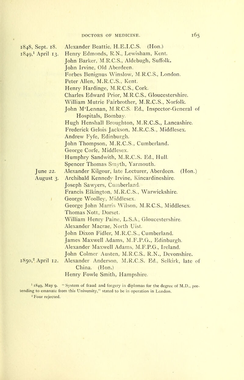 1848, Sept. 18. Alexander Beattie, H.E.I.C.S. (Hon.) 1849, ^ April 13. Henry Edmonds, R.N., Lewisham, Kent. John Barker, M.R.C.S., Aldebu?:h, Suffolk. John Irvine, Old Aberdeen. Forbes Benignus Winslow, M.R.C.S., London. Peter Allen, M.R.C.S., Kent. Henry Hardinge, M.R.C.S., Cork. Charles Edward Prior, M.R.C.S., Gloucestershire. William Mutrie Fairbrother, M.R.C.S., Norfolk. John M'Lennan, M.R.C.S. Ed., Inspector-General of Hospitals, Bomba}^ Hugh Henshall Broughton, M.R.C.S., Lancashire. Frederick Gelois Jackson, M.R.C.S., Middlesex. Andrew Fyfe, Edinburgh. John Thompson, M.R.C.S., Cumberland. George Corfe, Middlesex. Humphry Sandwith, M.R.C.S. Ed., Hull. Spencer Thomas Smyth, Yarmouth. June 22. Alexander Kilgour, late Lecturer, Aberdeen. (Hon.) August 3. Archibald Kennedy Irvine, Kincardineshire. Joseph Sawyers, Cumberland. Francis Elkington, M.R.C.S., Warwickshire. / George Woolley, Middlesex. George John Marris Wilson, M.R.C.S., Middlesex. Thomas Nott, Dorset. William Henry Paine, L.S.A., Gloucestershire. Alexander Macrae, North Uist. John Dixon Fidler, M.R.C.S., Cumberland. James Maxwell Adams, M.F.P.G., Edinburgh. Alexander Maxwell Adams, M.F.P.G., Ireland. John Colmer Austen, M.R.C.S., R.N., Devonshire. 1850,2 April 12. Alexander Anderson, M.R.C.S. Ed.. Selkirk, late of China. (Hon.) Henry Fowle Smith, Hampshire. ^ 1849, May 9.  System of fraud and forgery in diplomas for the degree of M.D., pre- tending to emanate from this University, stated to be in operation in London. - Four rejected.