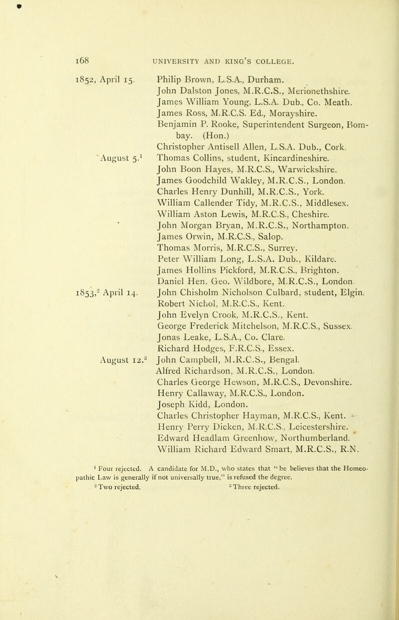 1852, April 15. Philip Brown, L.S.A., Durham. John Dalston Jones, M.R.C.S., Merionethshire. James WiUiam Young, L.S.A. Dub., Co. Meath. James Ross, M.R.C.S. Ed., Morayshire. Benjamin P. Rooke, Superintendent Surgeon, Bom bay. (Hon.) Christopher Antisell Allen, L.S.A. Dub., Cork. 'x-Vugust 5.^ Thomas Collins, student, Kincardineshire. John Boon Hayes, M.R.C.S., Warwickshire. James Goodchild Wakley, M.R.C.S., London. Charles Henry DunhiU, M.R.C.S., York. William Callender Tidy, M.R.C.S., Middlesex. William Aston Lewis, M.R.C.S., Cheshire. John Morgan Bryan, M.R.C.S., Northampton. James Orwin, M.R.C.S., Salop. Thomas Morris, M.R.C.S., Surrey. Peter William Long, L.S.A. Dub., Kildare. James Hollins Pickford, M.R.C.S., Brighton. Daniel Hen. Geo. Wildbore, M.R.C.S., London. 1853, -^ April 14. John Chisholm Nicholson Culbard, student, Elgin. Robert Nichol, M.R.C.S., Kent. John Evelyn Crook, M.R.C.S., Kent. George Frederick Mitchelson, M.R.C.S., Sussex. Jonas Leake, L.S.A., Co. Clare. Richard Hodges, F.R.C.S., Essex. August 12.^ John Campbell, M.R.C.S., Bengal. Alfred Richardson, M.R.C.S., London. Charles George Hewson, M.R.C.S., Devonshire. Henry Callaway, M.R.C.S., London. Joseph Kidd, London. Charles Christopher Hayman, M.R.C.S., Kent. - Henry Perry Dicken, M.R.C.S., Leicestershire. Edward Headlam Greenhow, Northumberland. William Richard Edward Smart, M.R.C.S., R.N. ' Four rejected. A candidate for M.D., who states that he believes that the Homeo pathic Law is generally if not universally true, is refused the degree.