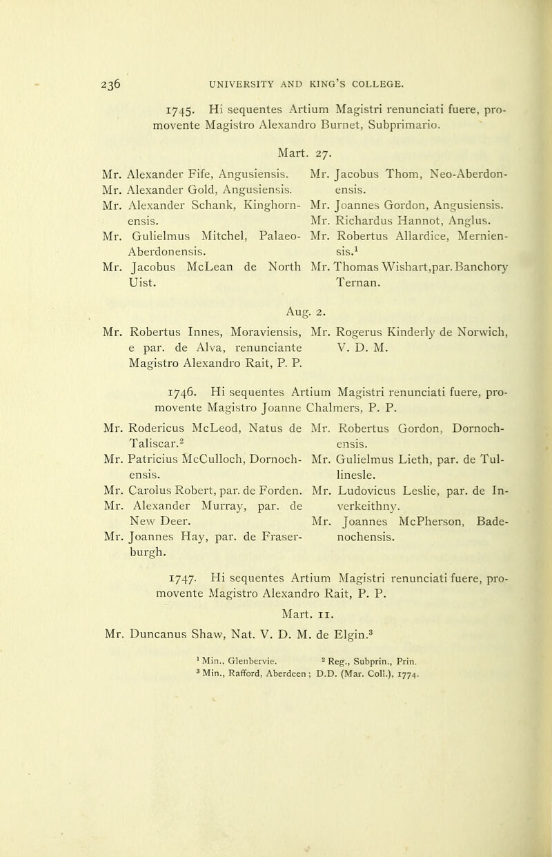 1745. Hi sequentes Artium Magistri renunciati fuere, pro- movente Magistro Alexandre Burnet, Subprimario. Mart. 27. Mr. Alexander Fife, Angusiensis. Mr. Jacobus Thorn, Neo-Aberdon- Mr. Alexander Gold, Angusiensis. ensis. Mr. Alexander Schank, Kinghorn- Mr. Joannes Gordon, Angusiensis. ensis. Mr. Richardus Hannot, Anglus. Mr. Gulielmus Mitchel, Palaeo- Mr. Robertus Allardice, Mernien- Aberdonensis. sis.^ Mr. Jacobus McLean de North Mr. Thomas Wishart,par. Banchory Uist. Ternan. Aug. 2. Mr. Robertus Innes, Moraviensis, Mr. Rogerus Kinderly de Norwich, e par. de Alva, renunciante V. D. M. Magistro Alexandre Rait, P. P. 1746. Hi sequentes Artium Magistri renunciati fuere, pro- movente Magistro Joanne Chalmers, P. P. Mr. Rodericus McLeod, Natus de Mr. Robertus Gordon, Dornoch- Taliscar.^ ensis. Mr. Patricius McCulloch, Dornoch- Mr. Gulielmus Lieth, par. de Tul- ensis. linesle. Mr. Carolus Robert, par. de Forden. Mr. Ludovicus Leslie, par. de In- Mr. Alexander Murray, par. de verkeithny. New Deer. Mr. Joannes McPherson, Bade- Mr. Joannes Hay, par. de Fraser- nochensis. burgh. 1747. Hi sequentes Artium Magistri renunciati fuere, pro- movente Magistro Alexandre Rait, P. P. Mart. II. Mr. Duncanus Shaw, Nat. V. D. M. de Elgin.=^ ' Min.. Glenbervie. ^ Reg., Subprin., Prin. 3 Min., Rafiford, Aberdeen ; D.D. (Mar. Coll.), 1774.