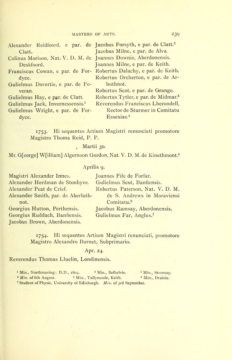 Alexander Reidfoord, e par. de Clatt. Colinus Morison, Nat. V. D. M. de Deskfoord. Franciscus Cowan, e par. de For- dyce. Gulielmus Dovertie, e par. de Fo- veran. Gulielmus Hay, e par. de Clatt. Gulielmus Jack, Invernessensis.^ Gulielmus Wright, e par. de For- dyce. Jacobus Fors3'th, e par. de Clatt.^ Jacobus Milne, e par. de Alva. Joannes Downie, Aberdonensis. Joannes Milne, e par. de Keith. Robertus Dalachy, e par. de Keith. Robertus Orcherton, e par. de Ar- buthnot. Robertus Scot, e par. de Grange. Robertus Tytler, e par. de Midmar.^ Reverendus Franciscus Lherondell, Rector de Sturmer in Comitatu Essexiae.* 1753. Hi sequentes Artium Magistri renunciati promotore Magistro Thoma Reid, P. P. . Martii 30. Mr. G[eorge] Wplliam] Algernoon Gordon, Nat. V. D. M. de Kinethmont.^ Magistri Alexander Innes. Alexander Herdman de Stonhyve. Alexander Peat de Crief. Alexander Smith, par. de Aberluth not. Georgius Hutton, Perthensis. Georgius Ruddach, Banfiensis. Jacobus Brown, Aberdonensis. Aprilis g. Joannes Fife de Forfar. Gulielmus Scot, Banfiensis. Robertus Paterson, Nat. V. D. M. de S. Andrews in Moraviensi Comitatu.^ Jacobus Ramsay, Aberdonensis. Gulielmus Far, Anglus.^ 1754. Hi sequentes Artium Magistri renunciati, promotore Magistro Alexandro Burnet, Subprimario. Apr. 24. Reverendus Thomas Lluelin, Londinensis. 1 Min., Northmaving; D.D., 1803. Min., Belhelvie. Min., Stronsay. * Min. of 6th August. ^ Min., Tullynessle, Keith. Min., Drainie. ^Student of Physic, University of Edinburgh. Min. of 3rd September.