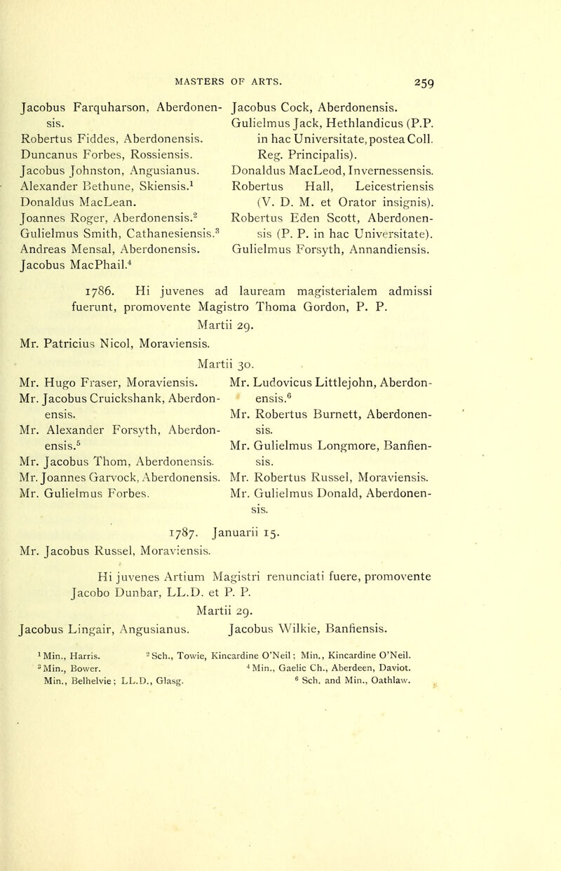 Jacobus Farquharson, Aberdonen- sis. Robertus Fiddes, Aberdonensis. Duncanus Forbes, Rossiensis. Jacobus johnston, Angusianus. Alexander Bethune, Skiensis.^ Donaldus MacLean. Joannes Roger, Aberdonensis.^ GuHelmus Smith, Cathanesiensis.^ Andreas Mensal, Aberdonensis. Jacobus MacPhail.* Jacobus Cock, Aberdonensis. Gulielmus Jack, Hethlandicus (P.P. in hac Universitate, postea Coll. Reg. Principalis). Donaldus MacLeod, Invernessensis. Robertus Hall, Leicestriensis (V. D. M. et Orator insignis). Robertus Eden Scott, Aberdonen- sis (P. P. in hac Universitate). Gulielmus Forsyth, Annandiensis. 1786. Hi juvenes ad lauream magisterialem admissi fuerunt, promovente Magistro Thoma Gordon, P. P. Martii 29. Mr. Patricius Nicol, Moraviensis. Martii 30. Mr. Hugo Fraser, Moraviensis. Mr. Ludovicus Littlejohn, Aberdon- Mr. Jacobus Cruickshank, Aberdon- ensis. Mr. Alexander Forsyth, Aberdon- ensis. Mr. Robertus Burnett, Aberdonen- ensis. SIS. Mr. Gulielmus Longmore, Banfien- Mr. Jacobus Thorn, Aberdonensis. sis. Mr. Joannes Garvock, Aberdonensis. Mr. Robertus Russel, Moraviensis. Mr. Gulielmus Forbes. Mr. Gulielmus Donald, Aberdonen- sis. 1787. Januarii 15. Mr. Jacobus Russel, Moraviensis. Hi juvenes Artium Magistri renunciati fuere, promovente Jacobo Dunbar, LL.D. et P^ P. Martii 29. Jacobus Lingair, Angusianus. Jacobus Wilkie, Banfiensis. iMin., Harris. -Sch., Towie, Kincardine O'Neil; Min., Kincardine O'Neil. ^Min., Bower. ■* Min., Gaelic Ch., Aberdeen, Daviot. Min., Belhelvie; LL.D., Glasg. 6 Sch. and Min., Oathlaw.