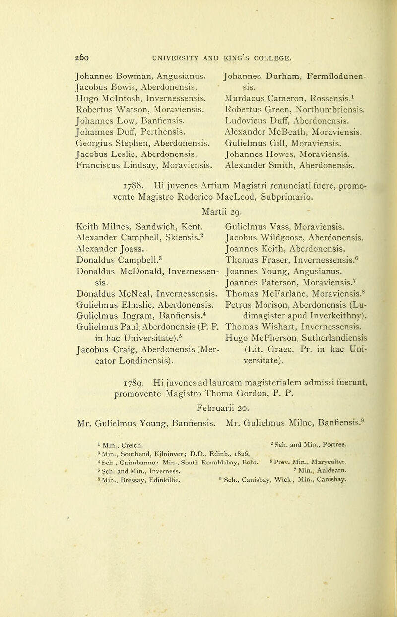 Johannes Bowman, Angusianus. Jacobus Bowis, x\berdonensis. Hugo Mcintosh, Invernessensis. Robertus Watson, Moraviensis. Johannes Low, Banfiensis. Johannes Duff, Perthensis. Georgius Stephen, Aberdonensis. Jacobus Leslie, Aberdonensis. Franciscus Lindsay, Moraviensis. Johannes Durham, Fermilodunen- sis. Murdacus Cameron, Rossensis.-^ Robertus Green, Northumbriensis. Ludovicus Duff, Aberdonensis. Alexander McBeath, Moraviensis. Gulielmus Gill, Moraviensis. Johannes Howes, Moraviensis. Alexander Smith, Aberdonensis. 1788. Hi juvenes Artium Magistri renunciati fuere, promo- vente Magistro Roderico MacLeod, Subprimario. Martii 29. Keith Milnes, Sandwich, Kent. Alexander Campbell, Skiensis.^ Alexander Joass. Donaldus Campbell.^ Donaldus McDonald, Invernessen- sis. Donaldus McNeal, Invernessensis. Gulielmus Elmslie, Aberdonensis. Gulielmus Ingram, Banfiensis.* Gulielmus Paul, Aberdonensis (P. P. in hac Universitate).^ Jacobus Craig, Aberdonensis (Mer- cator Londinensis). Gulielmus Vass, Moraviensis. Jacobus Wildgoose, Aberdonensis. Joannes Keith, Aberdonensis. Thomas Fraser, Invernessensis. Joannes Young, Angusianus. Joannes Paterson, Moraviensis.^ Thomas McFarlane, Moraviensis.* Petrus Morison, Aberdonensis (Lu- dimagister apud Inverkeithny). Thomas Wishart, Invernessensis. Hugo McPherson, Sutherlandiensis (Lit. Graec. Pr. in hac Uni- versitate). 1789. Hi juvenes ad lauream magisterialem admissi fuerunt, promovente Magistro Thoma Gordon, P. P. Februarii 20. Mr. Gulielmus Young, Banfiensis. Mr. Gulielmus Milne, Banfiensis. 1 Min., Creich. =Sch. and Min.. Portree. ^Min., Southend, Kjlninver ; D.D., Edinb., 1826. *Sch., Cairnbanno; Min., South Ronaldshay, Echt. = Prev. Min., Maryculter. ^ Sch. and Min., Inverness. ' Min., Auldearn. 8 Min., Bressay, Edinkillie. Sch., Canisbay, Wick; Min., Canisbay.