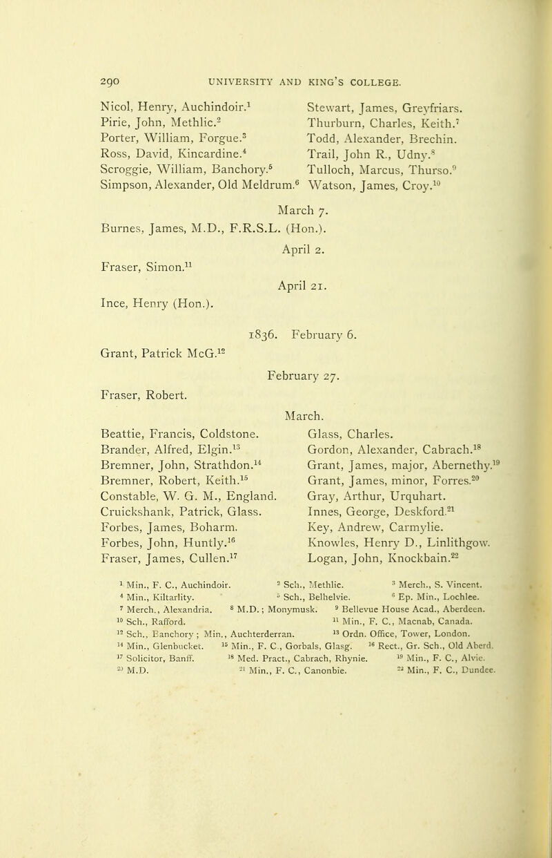 Nicol, Henry, Auchindoir.^ Pirie, John, Methlic.^ Porter, William, Forgue.^ Ross, David, Kincardine.* Scroggie, William, Banchory.^ Simpson, Alexander, Old Meldrum. Stewart, James, Greyfriars. Thurburn, Charles, Keith.' Todd, Alexander, Brechin. Trail, John R., Udny.'^ Tulloch, Marcus, Thurso. Watson, James, Croy.^*^ March 7. Burnes, James, M.D., F.R.S.L. (Hon.). April 2. Eraser, Simon.^^ April 21. Ince, Henry (Hon.). Grant, Patrick McG.^' Eraser, Robert. 1836. February 6. February 27. Beattie, Francis, Coldstone. Brander, Alfred, Elgin.^' Bremner, John, Strathdon.^* Bremner, Robert, Keith. Constable, W. G. M., England. Cruickshank, Patrick, Glass. Forbes, James, Boharm. Forbes, John, Huntly.'^ Eraser, James, Cullen. March. Glass, Charles. Gordon, Alexander, Cabrach.^* Grant, James, major, Abernethy.^ Grant, James, minor, Forres.^ Gra)', Arthur, Urquhart. Innes, George, Deskford.-^ Key, Andrew, Carmylie. Knowles, Henry D., Linlithgow. Logan, John, Knockbain.^^ 1 Min., F. C, Auchindoir. = Sch., Methlic. Merch., S. Vincent. * Min., Kiltarlity. ^ Sch., Belhelvie. Ep. Min., Lochlee. ' Merch., Alexandria. * M.D.; Monymusk. ^ Bellevue House Acad., Aberdeen. 10 Sch., Rafford.  Min., F. C, Macnab, Canada. Sch., Banchory ; Min., Auchterderran.  Ordn. Office, Tower, London.  Min., Glenbucket. i= Min., F. C, Gorbals, Glasg.  Rect., Or. Sch., Old Aberd. 1'' Solicitor, Banff'.  Med. Pract., Cabrach, Rhynie.  Min., F. C, Alvic. M.D. -I Min., F. C, Canonbie. =^ Min., F. C, Dundee.