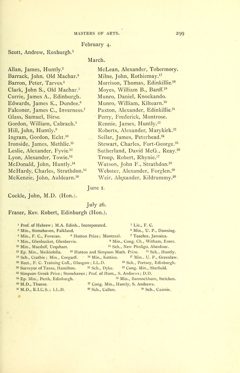 February 4. Scott, Andrew, Roxburgh.^ March. Allan, James, Huntly.'- Barrack, John, Old Machar.^ Barron, Peter, Tarves.^ Clark, John S., Old Machar.'' Currie, James A., Edinburgh. Edwards, James K., Dundee.*' Falconer, James C, Inverness.'' Glass, Samuel, Birse. Gordon, William, Cabrach.* Hill, John, Huntly. Ingram, Gordon, Echt.^*' Ironside, James, Methlic. Leslie, Alexander, Fyvie.^- Lyon, Alexander, Towie.^^ McDonald, John, Huntly.^* McHardy, Charles, Strathdon.^^ McKenzie, John, Auldearn.^'' McLean, Alexander, Tobermory. Milne, John, Rothiemay.^'' Morrison, Thomas, Edinkillie.^^ Moyes, William B., Banff.i» Munro, Daniel, Knockando. Munro, William, Kiltearn.^'^ Paxton, Alexander, Edinkillie.-^ Perry, Frederick, Montrose. Rennie, James, Huntly.'-^^ Roberts, Alexander, Marykirk.'^^ Sellar, James, Peterhead. Stewart, Charles, Fort-George.-^ Sutherland, David McG., Reay.^* Troup, Robert, Rhynie.-'' Watson, John F,, Strathdon.^s Webster, Alexander, Forglen.-^ Weir, Alexander, Kildrummy.^° June I. Cockle, John, M.D. (Hon.). July 26. Eraser, Rev. Robert, Edinburgh (Hon.). 1 Prof, of Hebrew; M.A. Edinb., Incorporated. '-' Lie, F. C. ^ Min., Stonehaven, Falkland. ^ Min., U. P., Dunning. = Min., F. C, Foveran. Hutton Pri^e; Montreal. ' Teacher, Jamaica. * Min., Glenbucket, Glenbervie. ' Min., Cong. Ch., Witham, Essex. 1° Min., Macduff, Urquhart.  Sch., New Pitsligo, Aberdour. 12 Ep. Min., Meiklefolla. Hutton and Simpson Math. Prize. Sch., Huntly. 15 Sch., Crathie ; Min., Corgarff. i Min., Kettins. Min., U. P., Greenlaw. 18 Rect., F. C. Training Coll., Glasgow, LL.D.  Sch., Portsoy, Edinburgh. Surveyor of Taxes, Hamilton. -i Sch., Dyke. - Cong. Min., Sheffield. ^'^ Simpson Greek Prize; Stonehaven ; Prof, of Hum., S. Andrews ; D.D. -•' Ep. Min., Perth, Edinburgh. Min., Bannockburn, Strichen. -6 M.D., Thurso. ^ Cong. Min., Huntly, S. Andrews. ^ M.D., E.I.C.S.; LL.D. 29 Sch., CuUen. Sch., Cairnie.