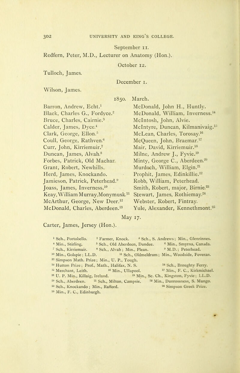 September ii. Redfern, Peter, M.D., Lecturer on Anatomy (Hon.). October 12. Tulloch, James. December i. Wilson, James. 1850 Barron, Andrew, Echt.^ Black, Charles G., Fordyce.'^ Bruce, Charles, Cairnie.^ Calder, James, Dyce.'* Clark, George, Ellon.'' Coull, George, Rathven.'' Curr, John, Kirriemuir.'' Duncan, James, Alvah.*^ Forbes, Patrick, Old Machar. Grant, Robert, Newhills. Herd, James, Knockando. Jamieson, Patrick, Peterhead.'^ Joass, James, Inverness.^ March. McDonald, John H., Huntly. McDonald, William, Inverness.^ Mcintosh, John, Alvie. Mclntyre, Duncan, Kilmanivaig. McLean, Charles, Torosay.'''' McQueen, John, Braemar.^*^ Mair, David, Kirriemuir.^* Milne, Andrew J., Fyvie.^** Minty, George C, Aberdeen.^ Murdoch, William, Elgin.-^ Prophit, James, Edinkillie.- Robb, William, Peterhead. Smith, Robert, major, Birnie.^^ Keay,William Murray,Monymusk.^^ Stewart, James, Rothiemay.-^ McArthur, George, New Deer.^^ Webster, Robert, Fintray. McDonald, Charles, Aberdeen. Yule, Alexander, Kennethmont.'- May 17. Carter, James, Jersey (Hon.). ' Sch., Portobello. - Farmer, Knock. '■' Sch., S. Andrews; Min., Glenrinnes. ■* Min., Stirling. ^ Sch,, Old Aberdeen, Dundee.  Min., Smyrna, Canada. Sch., Kirriemuir. ^ Sch., Alvah ; Min., Plean.  M.D.; Peterhead.  Min., Golspie; LL.D.  Sch., Oldmeldrum ; Min., VVoodside, Foveran. 12 Simpson Math. Prize; Min., U. P., Tough.  Hutton Prize; Prof., Math., Halifax, N. S.  Sch., Broughty Ferry. Merchant, Leith. i'' Min., Ullapool.  Min., F. C, Kirkmichael, 18 tJ. P. Min., Killaig, Ireland.  Min., Sc. Ch., Kingston, Fyvie; LL.D. Sch., Aberdeen. -i Sch., Milton, Campsie. -■' Min., Dunrossness, S. Mungo. ^ Sch., Knockando ; Min., Raft'ord. Simpson Greek Prize. -° Min., F. C, Edinburgh.