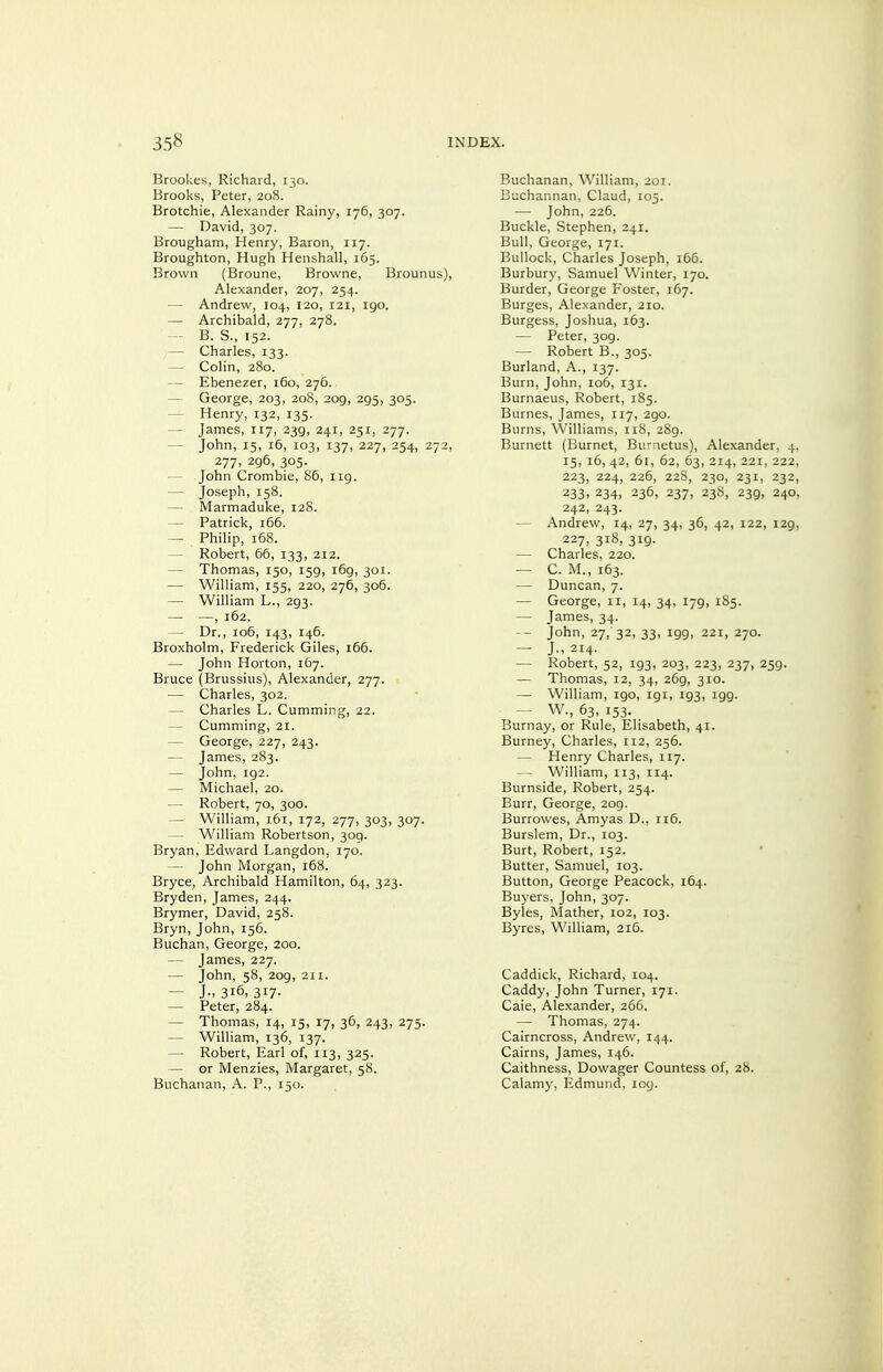 Brookes, Richard, 130. Brooks, Peter, 208. Brotchie, Alexander Rainy, 176, 307. — David, 307. Brougham, Henry, Baron, 117. Broughton, Hugh Henshall, 165. Brown (Broune, Browne, Brounus), Alexander, 207, 254. — Andrew, 104, 120, 121, igo. — Archibald, 277, 278. — B. S., 152. ,— Charles, 133. — Colin, 280. — Ebenezer, 160, 276. — George, 203, 20S, 209, 295, 305. — Henry, 132, 135. — James, 117, 239, 241, 251, 277. — John, 15, 16, 103, 137, 227, 254, 272, 277. 296, 305- — John Crombie, 86, iig. — Joseph, 158. — Marmaduke, 128. — Patrick, 166. — Philip, 168. — Robert, 65, 133, 212. — Thomas, 150, 159, i6g, 301. — William, 155, 220, 276, 306. — William L., 2g3. — —, 162. — Dr., io5, 143, 146. Broxholm, Frederick Giles, 166. — John Horton, 167. Bruce (Brussius), Alexander, 277. — Charles, 302. — Charles L. Cumming, 22. — Cumming, 21. — George, 227, 243. — James, 283. — John, 192. — Michael, 20. — Robert, 70, 300. — William, 161, 172, 277, 303, 307. — William Robertson, 309. Bryan, Edward Langdon, 170. — John Morgan, 168. Bryce, Archibald Hamilton, 64, 323. Bryden, James, 244. Brymer, David, 258. Bryn, John, 156. Buchan, George, 200. — James, 227. — John, 58, 2og, 211. — J--3I6, 317- — Peter, 284. — Thomas, 14, 15, 17, 36, 243, 275. — William, 136, 137. — Robert, Earl of, 113, 325. — or Menzies, Margaret, 58. Buchanan, A. P., 150. Buchanan, William, 201. Buchannan, Claud, 105. — John, 226. Buckle, Stephen, 241. Bull, George, 171. Bullock, Charles Joseph, 166. Burbury, Samuel Winter, 170. Burder, George Foster, 167. Burges, Alexander, 210. Burgess, Joshua, 163. — Peter, 309. — Robert B., 305. Burland, A., 137. Burn, John, 106, 131. Burnaeus, Robert, 185. Burnes, James, 117, 2go. Burns, Williams, iiS, 289. Burnett (Burnet, Burnetus), Alexander, 4. 15, 16, 42, 61, 62, 63, 214, 221, 222, 223, 224, 226, 22S, 230, 231, 232, 233. 234, 236, 237, 238, 239, 240, 242, 243. — Andrew, 14, 27, 34, 36, 42, 122, 129, 227, 318, 319. — Charles, 220. — C. M., 163. — Duncan, 7. — George, 11, 14, 34, 179, 185. — James, 34. -- John, 27, 32, 33, 199, 221, 270. — J.. 214- — Robert, 52, 193, 203, 223, 237, 259. — Thomas, 12, 34, 269, 310. —• William, igo, 191, 193, igg. — W., 63, 153. Burnay, or Rule, Elisabeth, 41. Burney, Charles, 112, 256. — Henry Charles, 117. — William, 113, 114. Burnside, Robert, 254. Burr, George, 209. Burrowes, Amyas D., ii5. Burslem, Dr., 103. Burt, Robert, 152. Butter, Samuel, 103. Button, George Peacock, 164. Buyers, John, 307. Byles, Mather, 102, 103. Byres, William, 216. Caddick, Richard, 104. Caddy, John Turner, 171. Caie, Alexander, 266. — Thomas, 274. Cairncross, Andrew, 144. Cairns, James, 146. Caithness, Dowager Countess of, 28. Calamy, Edmund, 109.