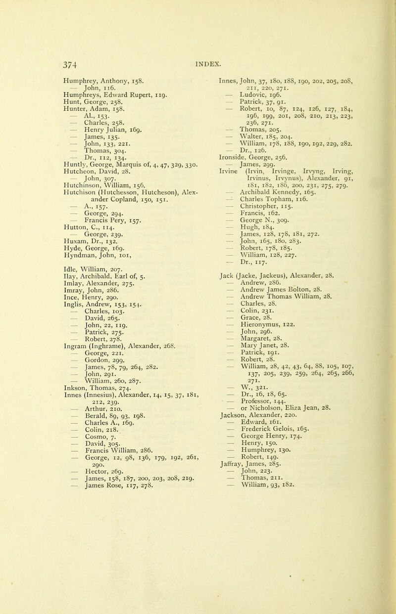 Humphrey, Anthony, 158. — John, 116. Humphreys, Edward Rupert, ng. Hunt, George, 258. Hunter, Adam, 158. — AL, 153. — Charles, 258. — Henry Julian, i6g. — James, 135. — John, 133, 221. — Thomas, 304. -r- Dr., 112, 134. Huntly, George, Marquis of, 4, 47, 329, 330. Hutcheon, David, 28. — John, 307. Hutchinson, William, 156. Hutchison (Hutchesson, Hutcheson), Alex- ander Copland, 150, 151. — A., 157. — George, 294. — Francis Pery, 157. Hutton, C, 114. — George, 239. Huxam, Dr., 132. Hyde, George, i6g. Hyndman, John, loi, Idle, William, 207. Hay, Archibald, Earl of, 5. Imlay, Alexander, 275. Imray, John, 286. Ince, Henry, 290. Inglis, Andrew, 153, 154. — Charles, 103. — David, 265. — John, 22, 119. — Patrick, 275. — Robert, 278. Ingram (Inghrame), Alexander, 2G8. — George, 221. — Gordon, 299. — James, 78, 79, 264, 282. — John, 291. — William, 260, 287. Inkson, Thomas, 274. Innes (Innesius), Alexander, 14, 15, 37, i8i, 212, 239. — Arthur, 210. — Berald, 89, 93, 198. — Charles A., i6g. — Colin, 218. — Cosmo, 7. — David, 305. — Francis William, 286. — George, 12, 98, 136, 179, 192, 261, 290. — Elector, 269. — James, 158, 187, 200, 203, 208, 2ig. — James Rose, 117, 278. Innes, John, 37, 180, 188, 190, 202, 205, 208, 211, 220, 271. — Ludovic, ig6. — Patrick, 37, gi. — Robert, 10, 87, 124, 126, 127, 184, ig6, igg, 201, 208, 210, 213, 223, 236, 271. — Thomas, 205. — Walter, 185, 204. — William, 178, 188, 190, 192, 229, 282. — Dr., 126. Ironside, George, 256. — James, 299. Irvine (Irvin, Irvinge, Irvyng, Irving, Irvinus, Irvynus), Alexander, gi, iSi, 182, 180, 200, 231, 275, 27g. — Archibald Kennedy, 165. — Charles Topham, 116. — Christopher, 115. — Francis, 162. — George N., 3og. — Hugh, 184. — James, 128, 178, 181, 272. — John, 165, 180, 283. — Robert, 178, 185. — William, 128, 227. — Dr., 117. Jack (Jacke, Jackeus), Alexander, 28. — Andrew, 2S6. — Andrew James Bolton, 28. — Andrew Thomas William, 28. — Charles, 28. — Colin, 231. ■— Grace, 28. — Hieronymus, 122. — John, 296. — Margaret, 28. — Mary Janet, 28. — Patrick, 191. — Robert, 28. — William, 28, 42, 43, 64, 88, 105, 107, 137, 205, 239, 25g, 264, 265, 266, 271. — W., 321. — Dr., 16, 18, 65. — Professor, 144. — or Nicholson, Eliza Jean, 28. Jackson, Alexander, 220. — Edward, 161. — Frederick Gelois, 165. — George Henry, 174. — Henry, 150. — Humphrey, 130. — Robert, i4g. Jaffray, James, 285. — John, 223. — Thomas, 211. — William, g3, 182.