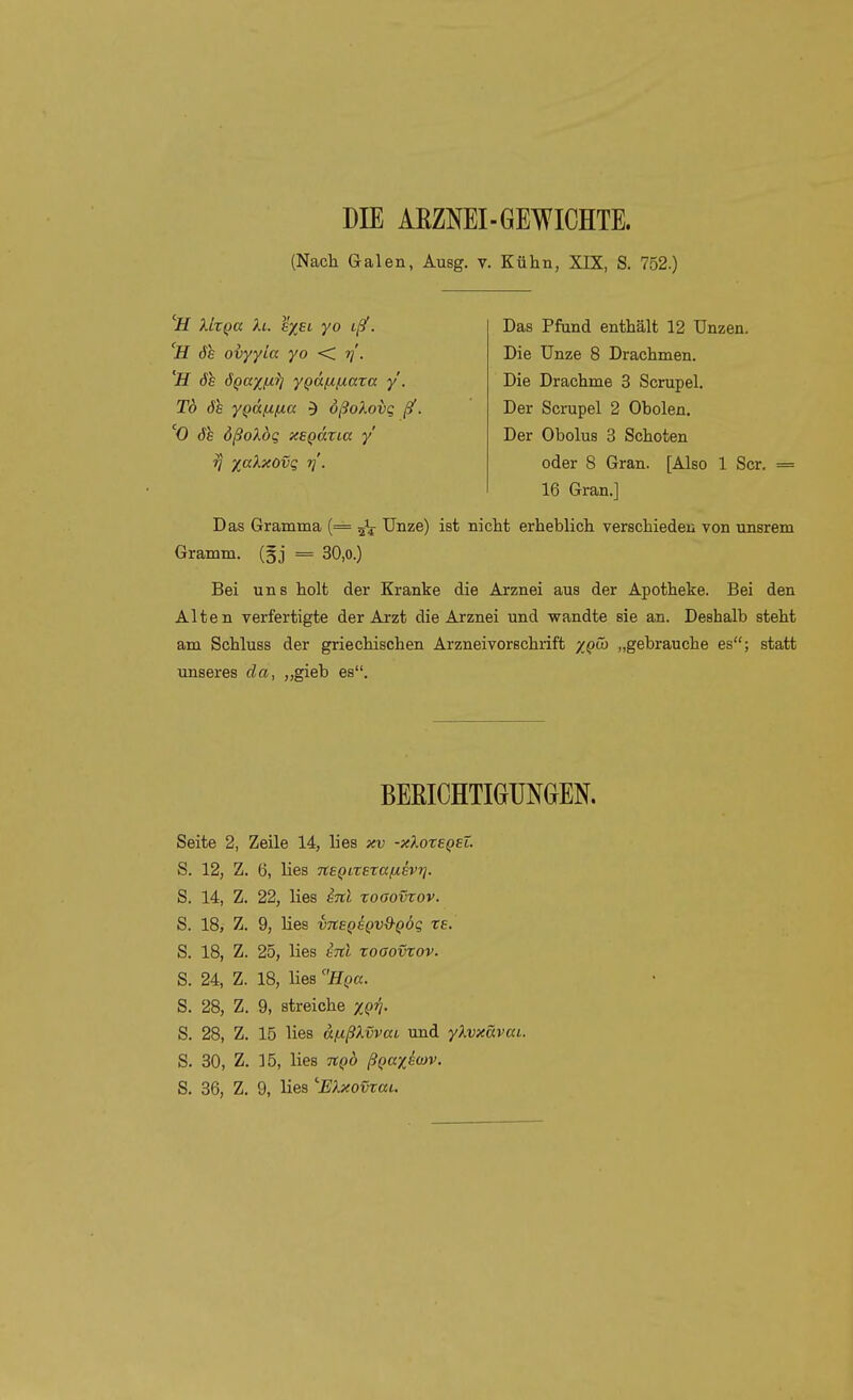 DIE ARZNEI-GE^VICHTE. (Nach Galen, Ausg. v. Kühn, XIX, S. 752.) 'if XixQa h. sxei yo iß!. 'H 6e ovyyia yo < i{. öh ÖQaxf^^ yQäfj,(j.axa y. Td 06 y^äfifia 5 dßoXovq ^. '^0 rfe ößoXbq xsQäxLa y Das Pfand enthält 12 Unzen. Die Unze 8 Drachmen. Die Drachme 3 Scrupel. Der Scrupel 2 Obolen, Der Obolus 3 Schoten oder 8 Gran. [Also 1 Scr. = 16 Gran.] Das Gramma (= ^ Unze) ist nicht erheblich verschieden von unsrem Gramm. (§j = 30,0.) Bei uns holt der Kranke die Arznei aus der Apotheke. Bei den Alten verfertigte der Arzt die Arznei und wandte sie an. Deshalb steht am Schluss der griechischen Arzneivorschrift xqü> „gebrauche es; statt unseres da, „gieb es. BEßlCHTIGUMEN. Seite 2, Zeile 14, lies xv -xXoxeQet. S. 12, Z. 6, lies ne^ixexa/xevrj. S. 14, Z. 22, lies inl xooovxov. S. 18, Z. 9, lies vnsQeQvQ-QÖq xe. S. 18, Z. 25, lies inl xoaovxov. S. 24, Z. 18, lies HQa. S. 28, Z. 9, streiche XQV- S. 28, Z. 15 lies afißXvvai und yXvxüvai. S. 30, Z. 15, lies nQÖ ßQaxioiv. S. 36, Z. 9, lies ^EXxovxul.