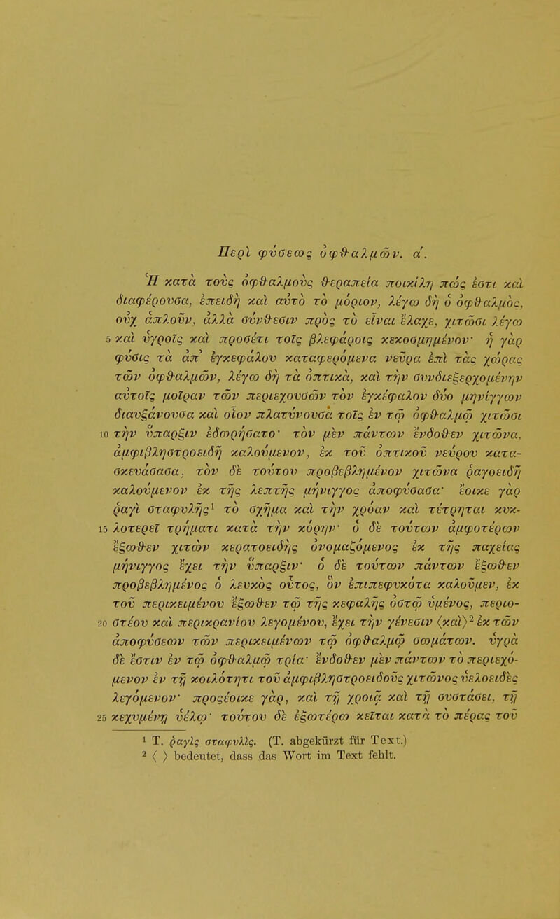 UsQL (pvoscoq orpd-aXßä)v. a. '^H xaxa rovg 6<pß-aXf/ovg d-£Qa:^sia jtoLxiXrj jicöq sori xal 6iaq)£Q0V6a, ejtetörj xal avxo ro [iOQiov, Xeyco örj 6 6q)&aX/u6c, ovx ajclovv, aXXa ovvO-eOiv jtgog ro sivac sXaye, %fTö5ö6 it/co 5 xal vyQOlq xal jcQoöezi rolq ßXecpagoig xsxoöfirjfievov ?J yaQ fpvöig ra an hyxzfpäXov xaxa^pBQopLBva vevga ejcI rag yjcoqag rmv 6q)d-aXiimv, Xiym ra ojtrixa, xal rrjv üvvöce^sQxofievrjv avroig [lolgav rcöv Jtegtsxovömv rov £yxh(paXov övo iirjviyymv öiav^avovaa xal oiov jtXarvvovöa rolg ev r<p oqj&aXfiS xi-T^öjoc 10 rrjv vxag^iv eömgrjOaro' rov (ihv Jtavxcov svöo&ev yLxöjva, a^<pißXrjargoELÖri xaXovfisvov, ex rov oxrixov vsvgov xara- OxevaOaüa, rov 6s rovxov jigoßsßXrjfisvov yirwva gayosiörj xaXovfisvov ex rtjg Xspirrjg fti^viyyog ajto(pvOaOa' eoixe yag gayl oracpvXrjg^ ro Gy/iiia xal rrjv xgoav xal rErgrjxaL xvx- 15 Xoregsi rgrjfiart xara rrjv xogrjv 6 öe rovrwv an(porig(ov 8S,a)&-8V xirmv xsgarosiÖ7]g ovofia^ofisvog ex rrjg jraxsiag (ii^viyyog ex£i rrjv vjrag^iv 6 ös rovrcov jcavroov e^co&sv jcgoßsßXrjfievog 6 Xevxbg ovrog, ov sjnjtegpvxora xaXovfiev, ix rov xegLXELfiEVOv £^a)&ev rm rrjg x£(paXrjg oOrm vfievog, Jiegio- 20 Oreov xal Jiegixgaviov Xsyofievov, exei rrjv yivEöLV (xal)^ ex rcöv djiocpvoecov rcöv jiEgixsifiEvmv rw 6(pd-aX[iä) ocofiarcov. vyga öh EOriv ev reo 6<pd-aXy.ci) rgia' evöo^ev fihv Jcdvrcov ro JiegiEXO- fiEVOV EV rf] xotXorrjri rov dficpißXrjörgoEiöovgxn^oövogvEXoecÖEg XsyofiEvov jtgogEOixE yag, xal rf] XQOt-ä xal rfj ovOrdosc, rfj 2!) XEXVfiEVi;] veXco' rovrov öh E^wrEgo xEirai xara ro JiEgag rov 1 T. Qaylg axa(pvXlq. (T. abgekürzt für Text.)