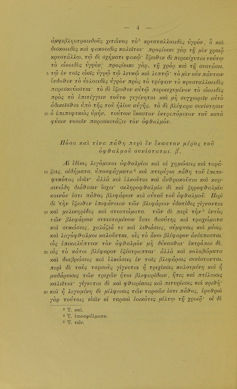 dfi<pcßh]orQ08i6ovg xtrcövog xo^ xQvaraUoELÖhg vjqov, o xal öiöxoeiösg xal (paxoeiösg xaXeizaf jcgogeoixs yaQ rfj fiev xqoiü xQvöraXXm, rm öe Oxiiuari cpax<p- e^o&ev öhjieQixtyvTairovrcp TO cooeiöeg vygov; JtQogeoixe yaQ, rfj XQoa xal xfi ovoraost, 5 T(5 ev xolg coolg vygw xm Xsvxcö xal Xsjtxm' xo [lev ovv navxmv evöod-sv TO veXosLÖsg vygov ptQog xo xgerpsiv xb XQvGxaXXoeiöeg jcageöxsvaöxaf xo öe l^cod-ev avxm :;t£Qtxeyyfievov xo coouölg JTQog xo Bütixiyyuv xovxo ysysvrjxac xal firj OvyycoQeiv avxo döixslodat vjto xTjg xov 7]Xiov avyrig. xa öl ßXitpaga 0vvi0x7]0iv 10 o sjiijcscpvxcbg vfii^v. xovxwv sxaöxov sxxQSJrofisvov xov xaxä cpvötv vogelv jiaQaoxsväC^Et xov 6q)&aXfi6v. JJooa xal xiva Jtdß-r] jcegl ev exaoxov (lenog xov 6(p&-aX^ov OvviCxaxai. ß'. AI löimg Xsyo^Evai 6(p&aXfjIat xal ai x^]!^(^<jscg xal xagd- 15 ^eig, oiöriiiaxa, vxoOq)dynaxa ^ xal jixEQvyia jidü-rj xov smjre- g)vx6xog eiolv dXXd xal klxovxai xal dvdgaxovxai xal xag- xLvmör] 6id&-soiv loxsi' GxXi]goq)d-aXnia öe xal ^rjgo(p9^aX(iia xotvov eoxi jcdd-og ßX£g)dgmv xal avxov xov 6(p&aX.f^ov. Usgl ÖE 'xrjv 8£0J&-EV E3iL(pdv£iav xätv ßXscpdgoiv vöaxiÖEg yiyvovxat 20 xal (lEXixrigiÖEg xal Oxsaxmf/axa. xmv ös JtEgl xrjv ^ evxoc xcöv ßXe(pdga)v CvvLOxaiiEvmv eöxi öaövxrjg xal xgax(^fiaxa xal övxcoöEtg, X'^^d^^d xe xal XtO-idöEig, Cvf/.g)V()ig xal fivoig. xal Xay6g)&-aXfiot xaXovvxai, olg xo dvco ßXitpagov dvEöJtaöxac. cog EJcixaXvJiXEiv xov ocp&aXfiov (/?] övvaöd-ar hxxgojita öe. 25 olg xo xdxoj ßXECpagov E^Eöxgajixar dXXd xal xoXoßcaf/axa xal öiaßgmOEcg xal £Xx(a6£ig ev xolg ßXEcpdgoig OvviGxavxai. JtEgl ÖE xovg xagoovg yiyvExai i^ xgcytccOig xaXovf/EV?] xal ?; fiaödgoJötg xcöv xgixoDV rjxoi ßXEcpagiöov, fjxig xal jtxtXcoOcc xaXElxai' ylyvExat öe xal g)d-EigiaOig xal jtixvgiaOig xal xgi&^i]' 30 xal Tj XEyoiiEvrj öe fflXq^mOig xätv xagömv Eöxt Jiad-og, igv&gol ydg xovxocg slölv ol xagool Eoixoxsg (ilXxcp xfj XQocä' ol öe 3 T. xal * T. vnoa^cckfzara. T. T(3v.