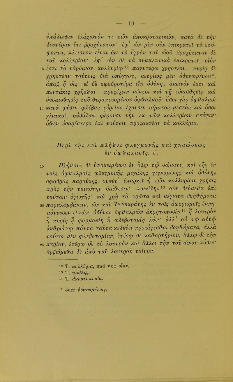 vjcaXeiipLV aXaxiorov ri rcöv axoxQovorixwv, -Karix, 6b rrjp öevreQav In ßgaxvzarov acp^ <x>v fzsv ovv tmxgartt ra orv- <povxa, jiXeTarov sivai ösi ro vygov rov coov, ßQaxvrarov de Tov xoXXvqIov scp^ cbv öe xa ov^xtxxiTia Ijcltcquxü, olov 5 köxi xo vaQÖLVov, xoXXvgicp xaxvtsQcp xQV*^^^ov. jivQia öe XQTjöxeov xovxoig öia öjioyyov, fiexgicog fihv 6övv(X)[iivov*, aJia^ 7] ölg' ei öe OcpoÖQOxeQa eir] oövvrj, afieivov eöxi xal jievxäxig XQV^^^t-' xQogexsiv /levxot xal xfj evaco&rjoia xal övOaiod-rjoia xov &£Qaxevofievov o^&aX/xov' oOoi jag ocpO-aXfiol 10 xaxa g)VGLv cpXeßag evgeLag exovöiv aifiaxog fieoxag xal oöoc yXavxol, ovöoXog cpegovöi xrjv ex xcöv xoXXvgicov Oxvipiv od-ev vöageöxega ejil xovxcov üigogaxxeov xa xoXXvgia. Ilegl xtjg ejtl xXrjd-eL (pXeynovrjg xal xi^l^fooecog ev o<p&-aXfiolg. e'. 15 nXrjd^ovg de vjcoxsifievov ev oXw xm Gwfiaxi, xal xrjg ev xolg o^daXfioTg cpXeyfiov^g {isyccXr/g yiyvofievrjg xal oövvijc oq)oögäg xagovörjg, ovxex' kxagxeZ r\ xcöv xoXXvgicov XP^öie jtgog xrjv xoiavxrjv öca&eOiV JioLxiXrjg^'^ ovv öeofied-a em xovxcov dycoyrjg- xal XQ'h ''^^ Jtgmxa xal fieyiöxa ßorj^-'^fiaxa 20 jiagaXaußavetv, 6v xal ijcüioxgaxrig ev xotg dcpogcößotg efivrj- liovevoev eljtcov, oövvag 6(p&aX[imv dxgrjxoxoölr] rj Xovxgov 7] jcvgirj rj tpagfiaxirj 7] cpXeßoxofiiJ] Xver äXX' ov xw avxm dvd-gcojccp ütdvxa xavxa xeXevei jtgogdyeod-ai ßorj&'^fiaxa, dXXa xovxcp ftev (pXeßoxofiiav, exegcp öe xaß-agx^gcov, aXXcp öe xrjv 25 jtvgiav, exegcp öe xo Xovxgov xal dXXcp xrjv xov oivov xÖolV dg^mfied-a öe djtb xov Xovxgov xoivvv. 12 T. xolXvQia, und vor olov. 13 T. mxlXriq. 1'' T. dxQoxonoala. * oder o6vr(Ofi6voiQ.