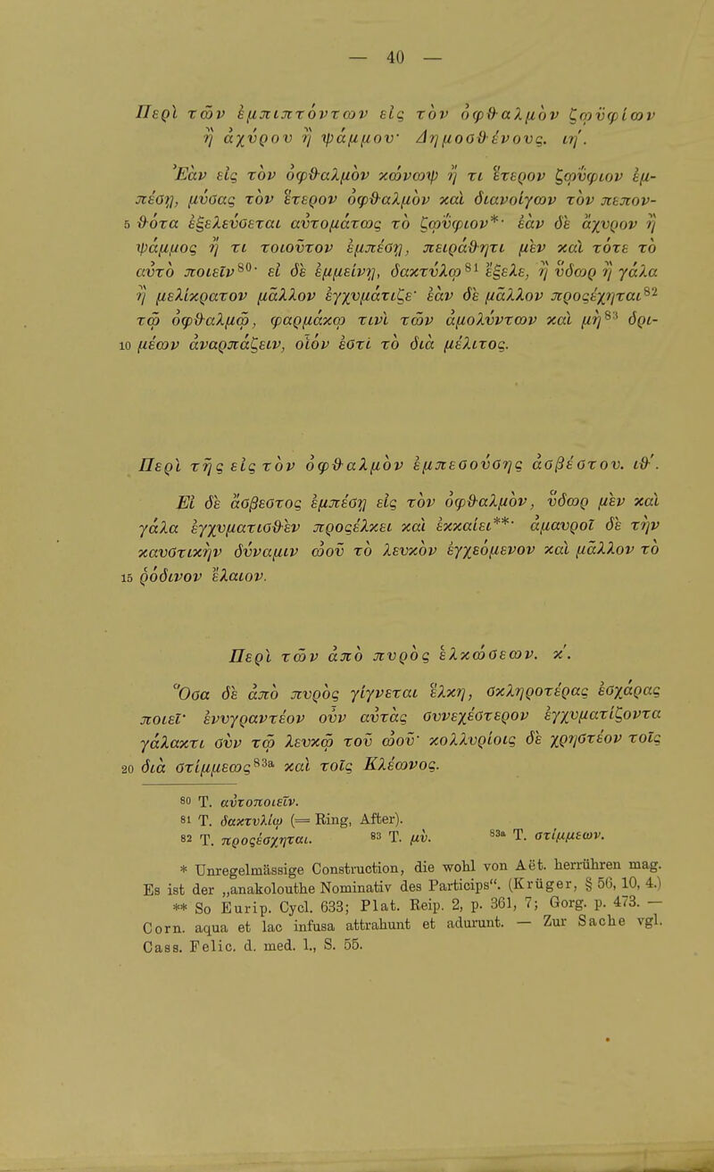 ITsqI tSv sfiJciJiTOVtoyv eig rov ocpd-aXfiov ^rpvcpimv i] dxvQov 7] ipdixfiov /Irjfiooßevovg. Lrf. 'Eav eig rbv 6q)d-aXfi6v xcovcoy) i] xi exegov C,cpv(piov e(i- 3ieoi;i, (ivoag xov exegov 6g)&alßbv xal ötavoiycov xov jtejcov- 5 &6xa e^eXevoexai avxofcdxcog xo ^opvcpiov*' eav öe axvQOV t] ipd/ifjog 9] XI XOLOVXOV kfixeoi;}, jceiQd&J]xi fiev xal xoxe xo avxo :n:oieiv^^' ei öe efi{ieiv?j, öaxxvXa»^^ ££,eXe, t] vöojq ?} ydXa r} {leXixgaxov [läXXov eyxv(idxiC,e' eav 6e (läXXov xQogixt^xai^'^ xm 6g)&aXfi<p, cpagfidxcp xivl xmv dfioXvvxmv xal jM^^'* öqc- 10 fiecov dvaQjcdC,etv, oiov eöxi xo ötd fieXtxog. Ilegl XI] g eig xov ocp&aXfiOV e(iJieGovörjg dößeoxov. iß-'. M öe äoßeoxog efijceö'^ eig xov ocpd-aXfiov, vöooq fiev xal ydXa eyxvnaxLöd-ev jigogeXxet xai exxaiei**' dfiavQoi öe xrjv xavöxLxrjv övvaiiiv coov xo Xevxov eyxe6(ievov xal (xäXXov xo 15 QOÖLVOV eXaiov. Uegl xä>v dno jivQog eXxcoöecov. x. Ooa öe djto JcvQog yiyvexat eXxrj, oxXrjQOxegag eoydgag jiotet- evvygavxeov ovv avxdg ovveieöxegov eyxvf/axi^ovxa ydXaxxi ovv xq> Xevxcp xov coov' xoXXvgiocg öe xQfp'^^ov xolg 20 öid oxififieoog^^^ xal xolg EXecovog. 80 T. avvonoisZv. 81 T. öaxTvXlw (= Ring, After). 82 T. ngogsaxnrai. T. ßv. ^s» T. axlfxfitoiv. * Unregelmässige Construction, die wohl von Aefc. herrühren mag. Es ist der „anakolouthe Nominativ des Particips. (Krüger, § 56, 10, 4.) ** So Eurip. Cycl. 633; Plat. Reip. 2, p. 361, 7; Gorg. p. 473. - Corn. aqua et lac infusa attrahunt et adurunt. — Zur Sache vgl. Gass. Felic. d. med. 1., S. 55.