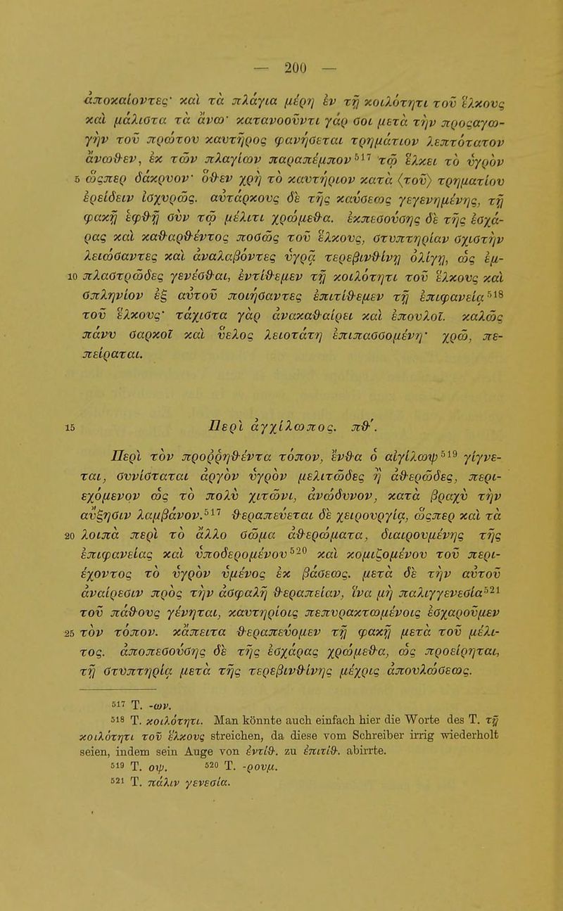 ajtoxaiovreg- xal rä nlayta (iigr} hv rfj xotXorrjzc rov kXxovq xal fidXiara ra avca' xaxavoovvxL ooi fisza rrjv jtQogayo)- yrjv rov jcqwxov xavtrjQog (pavrjOExaL TQrj[iaxtov Isjcxoxaxov avcod-ev, ex xcöv jiXayicov ücaQaxefijtov^^'^ x<p alxei xb vjqov s Sgjceg ödxgvov öd-sv XQV '^o xavxrjQiov xaxa (xov) xQfjfiaxiov SQELÖELV iöxvQmg. avxdgxovg 6e xrjg xavöscog yeysvrjfitvrjg, g)ax^ £(pd-fi ovv xm uhIixl xgmus&'a. exjceoovor]g öe xrjg loyä- Qag xal xa&ag&evxog Jioöwg xov eXxovg, OxvjcxrjQiav CxiOxr/v XeKuöavxeg xal dvaZaßovxeg vyQcc xegeßivd-lv^ oXiyy, cog tfi- 10 JcXaGxQmöeg yBvsöd-ai, evxi&sfisv xfj xoiX6x?]xc xov %Xxovg xal öjiXrjviov avxov Jtoirjöavxsg sJcixi^Efisv x^ ejct^aveia^^^ xov eXxovg' xdxiOxa yag dvaxa-daiQSi xal eJcovX.oc. xaXmg jtdvv öagxol xal vsXog XsLoxdxrj ajiiJtaoöofisvr]' yjgcb, jrs- jceigaxai. 15 Ilsgl dyxLXoijtog. Jt&'. Ilegl xov jcgoggrjd'ivxa xojtov, evß'a 6 aiyiXootp^^^ yiyvs- xai, ovviöxaxai dgyov vygov fisXixcööeg rj dd-sgmöeg, Jtegc- sxofievqv cog xb jtoXv jfircöyf; dvcoövvov, xaxa ßgayv xijv av^rjöiv Xaiißdvov.^^^ d^sgajievsxac 6h y^igovgyta^ Sgjceg xal xd 20 XoLJcd Jisgl xb dlXo ömfia d&sgcofiaxa, 6iacgovfi8V?]g xrjg ajricpaveiag xal vjtoösgofiEVOV^'^^ xal xof/iC,ofi£vov xov Tcsgi- Exovxog xb vygbv vfiEvog ex ßdöEcog. (lExd 6h xrjv avxov dvaigEGLV jcgbg x?]v dotpaXrj d-EgajiEiav, Xva firj jiaXcyyEVEöla^'^^ xov xdd-ovg yEvrjxaL, xavxi^gLoig JiEJtvgaxxwfZEVoig £(}x<^govfiev 25 xbv xojiov. xdütELxa &-£gajrsvofiEV <paxfj fiExd xov fiiXi- xog. djrojtEOovöTjg 6h xrjg Eöxdgag xQ(^f^^^(^; jrgoElgrjxat, x^ öxvjcxrjgla ^Exd xrjg X£g£ßiv&iv7]g fiEXgi-? djtovXwOEosg. 517 T. -wv. 318 T. xoiXöxriXL. Man könnte auch einfach hier die Worte des T. xoiKöxrjxi xov eXxovi; streichen, da diese vom Schreiber ü-rig wiederholt seien, indem sein Auge von ivxLd-. zu inixid-. abirrte. 519 T. Olp. 520 T. -QOVfi. 521 T. ndkiv yevsaia.