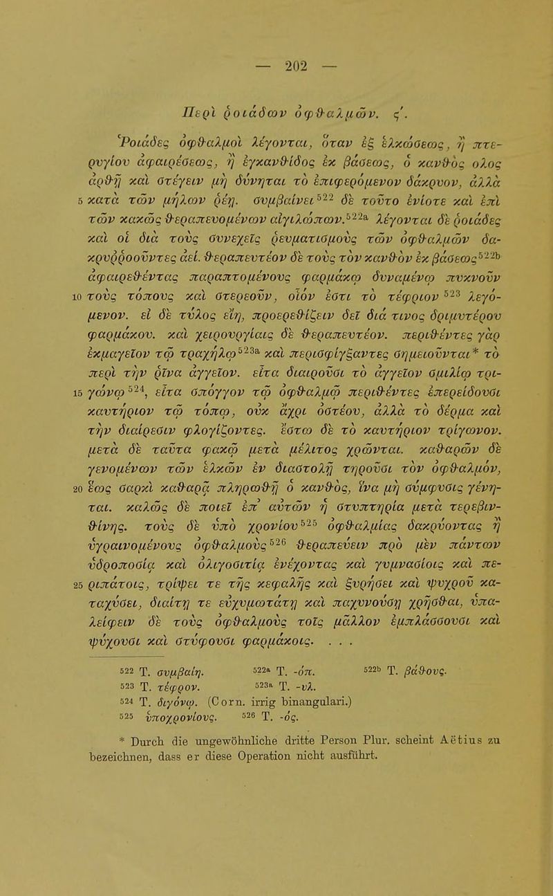 Uegl Qoidöcov 6<pd-aXfi<äv. c,'. 'Poidöeg 6g)&aXfiol Xhyovxai, otav eXxcoOscoq, rj jtre- Qvylov dcpaiQeOemq, tj eyxav&iöog ex ßdöecog, 6 xav{^og oP.og dgd-f] xal Oteyeiv firj övvrjxai xo sjctgiSQOfievov ödxgvov, dX2.d hxaxd xmv firjXcov gei^j. OVfzßaivsi^^'^ 6s xovxo evioxe xal sm xmv xaxätgd-BQajtevofievoav alyLXmxcov/'^'^^ Xiyovxat öeQOiäöeg xal OL öid xovg övvsxsig Qsvfiaxiöfiovg xööv 6g)d-aX[iwv Öa- xQVQQOOvvxsg dsi. ß-sQajisvxeov 6s xovg xov xav&ov ex ßdoeog^--^ dcpaiQsü-svxag Jiagajcxofisvovg cpaQfidxo) 6vva(ievq3 xvxvovv 10 xovg xojiovg xal Oxsqsovv , olov söxi xo xs(pQtov ^'^^ Xeyo- (isvov. sl 6s xvXog st?], JiQ0£QS&-iC,eiv 6ei 6id xivog 6QifivxsQov (paQfidxov. xal xsiQovgyiaLg 6s -d-sQajisvxsov. JcSQid-ävxsg yctQ sxfiaysLOV xä> xQaxrjXc)^'^^^ xal jisQtOcpLy^avxeg örjfiecovvxac* ro jcsqI xrjv Qlva dyysXov. sixa 6iaiQovOi xo dyyslov öfiiXiq) xqi- 15 ycovG) sLxa öjioyyov xm ocpd-aXfim xeQiB-svxsg sjcsqs'l6ov6l xavxTjQLOv Toö xojTco, ovx axQi oöxsov, dXXd xo 6£Qfca xal xrjv 6taiQ£6iv cpXoyiCovxsg. söxw 6s xo xavxriQiov xgiyoovov. fiexct 6e xavxa g)axm fisxd (isXtxog ;f()(öJ'Tat. xad-agmv 6s ysvofisvmv xwv sXxwv sv öiaöxoX^ xrjgovöi xov 6g)d-aX[i6v, 20 sojg Oagxl xa&agä jtXrjgmd-f] 6 xavd-og, tva fi?] ov(ig)Vöig ysvq- xai. xaXmg 6s jtoieZ sji avxmv rj oxvjtxtjg'ia fcexd xsgsßtv- d-ivrjg. xovg 6s vjco xc'o^'iov^^^ o^d-aXfiiag 6axgvovxag rj vygaLVOfievovg ocp&aXfiovg^^'^ d-sgajcEvstv jcgb ^isv Jidvxmv v6gojtoöia xal oXiyoOixia svsyovxag xal yvfivaoioig xal xe- 25 gcjtdxoig^ xghpsi xe xrjg xscpaXrjg xal ^vgrjOst xal ipvxgov xa- xa^vösc, 6iaix'^ xs evxviicoxdxy xal jtaxwovö^j XQV^^^'-' vjta- XeicpEiv 6s xovg ocp&aXfiovg xolg fiäXXov sfijcXdöOovöi xal yjvxovöt xal öxxxpovot q)ag[idxoLg. . . . 522 T. aVßßttLTI. 522» T. -OTT. 522b T. ßdQ-OVq. 523 T. X^cpQOV. 523a 524 T. öiyövcp. (Corn. irrig binangulari.) 525 vnOXQOvlovq. 526 X. -6q. * Durch die ungewöhnliche dritte Person Plur. scheint Aetius zu bezeichnen, dass er diese Operation nicht ausführt.