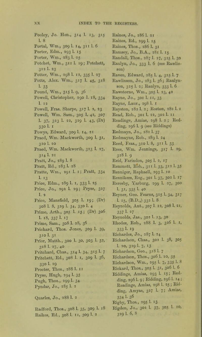 Pooley, Jo. Hon., 314 L 13. 3'5 1. 8 Portal, Wm., 309 1. 14, 311 1. 6 Porter, Edm., 293 1. 15 Porter, Wm., 283 1. 25 Potthet, Wm., 311 1. 19; Potchott, 31a 1. 23 Potter, Wm., 298 1. 12, 335 1. 27 Potts, Alox. Wm., 317 1. 45, 318 1- 33 Pound, Wm., 315 1. 9, 36 Powell, Christopher, 290 1. 18, 334 1. 12 Powell, Fras. Sharpe, 317 1. 2, 23 Powell, Wm. Sam., 305 1. 42, 307 1- 37. 3^3 1- 22, 329 1. 43, (Dr) 33° I 1 Powys, Edward, 309 1. 14, 21 Praed, Wm. Mackworth, 309 1. 31, 310 1. 20 Praed, Wm. Mackworth, 313 1. 27, 314 1. 21 Pratt, Jo., 289 1. 8 Pratt, Rd., 283 L 18 Pratte, Wm., 291 1. 1; Pratt, 334 1. 13 Price, Edm., 289 1. 1, 333 1. 25 Price, Jo., 292 L 29; Pryse, 327 1. 2 Price, Mansfield, 305 1. 19; (Dr) 308 1. 8, 329 1. 34, 33° *• 4 Prime, Arth., 305 1. 15; (Dr) 306 1. 18, 337 1- 17 Prime, Sam., 308 1. 28, 36 Prichard, Thos. Jones, 309 1. 39, 310 1. 31 Prior, Matth., 300 1. 30, 303 1. 32, 328 1. 27, 40 Pritchard, Chas., 314 1. 34, 3T5 7 Pritchett, Rd., 308 1. 1, 309 1. 36, 330 1. 29 Procter, Thos., 288 1. 11 Pryse, Hugh, 294 1. 35 Pugh, Thos., 299 1. 34 Pyndar, Jo., 285 1. 2 Quarles, Jo., 288 1. 2 Radford, Thos., 308 1. 35, 3°9 *« 18 Raikes, Rd., 308 1. 11, 309 1. 2 Raines, Jo., 286 1. 21 Raines, ltd., 299 1. 15 Raines, Thos., 286 1. 31 Ramsey, Jo., li.A., 281 1. 15 Randall, Thos., 287 1. 27, 325 1. 30 Raulyn, Jo., 333 1. 6 (see Rawlin- son) Raven, Edward, 285 1. 4, 325 1. 7 Rawlinson, Jo., 283 1. 36; Raulyn- son, 325 1. 2; Raulyn, 333 1. 6 Rawstorne, Wm., 305 1. 23, 42 Rayne, Jo., 301 1. 11, 33 Rayne, Laur., 298 1. 1 Rayston, 282 1. 2; Roston, 282 1. 1 Read, Rob., 301 1. 22, 302 1. 11 Readinge, Amias, 298 1. 2 ; Red- ding, 296 1. 9 (see Riddinge) Redmayn, Jo., 282 1. 37 Redmayne, Rob., 289 1. 24 Reed, Fras., 310 1. 8, 311 L 33 Rees, Wm. Jennings, 317 1. 29, 318 1. 9 Reid, Farindon, 305 1. 2, 17 Remmett, Rob., 311 1. 33, 312 1. 35 Renniger, Raphaell, 293 1. 10 Rennikers, Rog., 301 1. 37, 302 1. 17 Reresby, Yarburg, 299 1. 27, 300 h 3r> 335 L 4° Reyner, Geo. Fearns, 315 1. 34, 3J7 1. 15, (B.D.,) 332 1. 8 Reynolds, Ant., 307 1. 12, 308 1. 21. 337 !■ 27 Reynolds, Jas., 302 1. 13, 30 Rhodes, Rob., 288 1. 3, 326 1. 1, 333 l- l9 Richardes, Jo., 287 1. 24 Richardson, Chas., 302 1. 38, 305 1. 20, 329 1. 7, 13 Richardson, Geo., 318 1. 7 Richardson, Thos., 306 1. 10, 35 Richardson, Wm., 295 1. 7, 335 8 Rickard, Thos., 305 1. 31, 306 \ 6 Riddinge, Amias, 293 1. 15; Red- ding, 296 1. 9; Ridding, 296 1. 14 ; Readinge, Amias, 298 1. 25 ; Rid- ding, Amyas, 327 1. 7; Amia-s 334 1- 36 Rigby, Thos., 295 1. 13 Rigden, Jo., 302 1. 37, 3°5 !• IO- 329 1. 6, 8