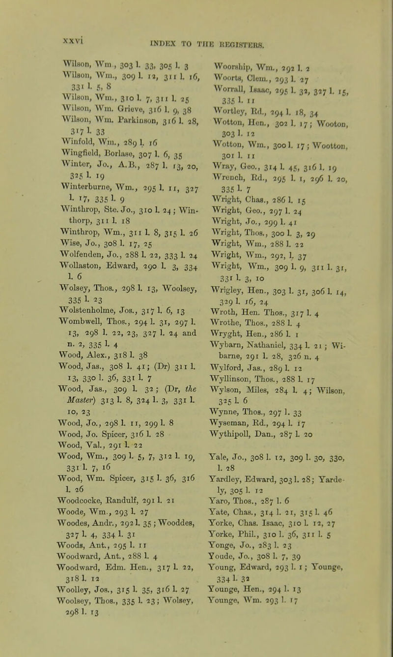 INDKX TO THE KEGISTER8. Wilson, Wm , 303 1. 33, 305 1. 3 Wilson, Win., 309 1. 12, girl 16, 33i I 5. 8 Wilson, Wm., 310 L 7, 311 L 25 Wilson, Win. Grieve, 316 1. 9, 38 Wilson, Win. Parkinson, 316 1. 28, 3'7 L 33 Winfold, Win., 289 1. 16 Wingfield, Borlaso, 307 I 6, 35 Winter, Jo., A.I3., 287 1. f3, 20, 325 L 19 Winterburne, Wm., 295]. 11, 327 l- *7, 335 L 9 Wintbrop, Ste. Jo., 310 L 24 ; Win- tborp, 311 1. 18 Winthrop, Wm., 311 1. 8, 315 1. 26 Wise, Jo., 308 1. 17, 25 Wolfenden, Jo., 288 L 22, 333 L 24 Wollaston, Edward, 290 1. 3, 334 L 6 Wolsey, Thos., 298 1. 13, Woolsey, 335 1- 23 Wolstenholme, Jos., 317 1. 6, 13 Wombwell, Tbos., 294 1. 31, 297 1. 13, 298 1. 22, 23, 327 1. 24 and n. 2, 33s 1. 4 Wood, Alex., 318 1. 38 Wood, Jas., 308 1. 41; (Dr) 311 1. 13. 33° 1- 36, 331 L 7 Wood, Jas., 309 L 32; (Dr, the Master) 313 1. 8, 324 1. 3, 331 1. 10, 23 Wood, Jo., 298 1. 11, 299 1. 8 Wood, Jo. Spicer, 316 L 28 Wood, Val., 291 1. 22 Wood, Wm., 309 1. 5, 7, 312 1. 19, 33i L 7» 16 Wood, Wm. Spicer, 315 1. 36, 316 1. 26 Woodcocke, Randulf, 2911. 21 Woode, Wm., 293 L 27 Woodes, Andr., 2921. 35 ; Wooddes, 327 L 4. 334 1- 3i Woods, Ant., 295 1. 11 Woodward, Ant., 288 1. 4 Woodward, Edm. Hen., 317 1. 22, 318 1. 12 Woolley, Jos., 315 1. 35, 316 L 27 Woolsey, Tbos., 335 L 23; Wolsey, 298 1. 13 Woorsbip, Wm., 292 I. 2 Woorts, Clem., 293 1. 27 Worrall, Isaac, 295 1. 32, 327 1. 15, 335 L 11 Wortley, Rd., 294 1. 18, 34 Wotton, Hen., 302 1. 17; Wooton, 303 I 12 Wotton, Wm., 3001. 17; Wootton, 301 1. 11 Wray, Geo., 314 L 45, 316 1. 19 Wrencb, Rd., 295 1. 1, 296 1. 20, 335 1- 7 Wright, Chas., 286 I 15 Wright, Geo., 297 L 24 Wright, Jo., 299 L 41 Wright, Thos., 300 L 3, 29 Wright, Wm., 288 L 22 Wright, Wm., 292, 1. 37 Wright, Wm., 309 L 9, 311 L 31, 331 !• 3, 10 Wrigley, Hen., 303 1. 31, 306 L 14, 329 1. j6, 24 Wroth, Hen. Thos., 317 1. 4 Wrothe, Thos., 288 L 4 Wryght, Hen., 286 1. 1 Wybarn, Nathaniel, 334 1. 21 j Wi- barne, 291 1. 28, 326 n. 4 Wylford, Jas., 289 L 12 Wyllinson, Thos., 288 1. 17 Wylson, Miles, 284 1. 4; Wilson. 325 L 6 Wynne, Thos., 297 1. 33 Wyseman, Rd., 294 1. 17 Wythipoll, Dan., 287 L 20 Yale, Jo., 308 I. 12, 309 1. 30, 330, 1. 28 Yardley, Edward, 3031. 28; Yarde- iy» 3051- 12 Yaro, Thos., 287 1. 6 Yate, Chas., 314 1. 21, 315 1. 46 Yorke, Chas. Isaac, 310 L 12, 27 Yorke, Phil., 310 1. 36, 311 1. 5 Yonge, Jo., 283 1. 23 Youde, Jo., 308 1. 7, 39 Young, Edward, 293 1. 1; Younge, 334 1- 32 Younge, Hen., 294 1. 13 Younge, Wm. 293 1. 17