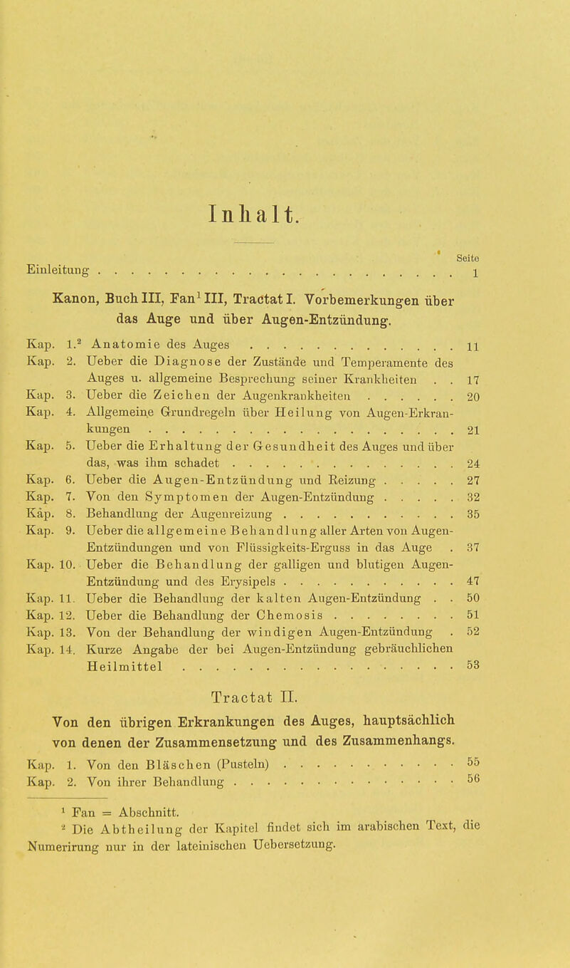 Inhalt. Seite Einleitung 1 Kanon, Buch III, Fan1 III, Tractatl. Vorbemerkungen über das Auge und über Augen-Entzündung. Kap. l.a Anatomie des Auges 11 Kap. 2. Ueber die Diagnose der Zustände und Temperamente des Auges u. allgemeine Besprechung seiner Krankheiten . . 17 Kap. 3. Ueber die Zeichen der Augenkrankheiten 20 Kap. 4. Allgemeine Grundregeln über Heilung von Augen-Erkran- kungen 21 Kap. 5. Ueber die Erhaltung der Gesundheit des Auges und über das, was ihm schadet 24 Kap. 6. Ueber die Augen-Entzündung und Reizung 27 Kap. 7. Von den Symptomen der Augen-Entzündung 32 Kap. 8. Behandlung der Augenreizung 35 Kap. 9. Ueber die allgemeineBehandlung aller Arten von Augen- Entzündungen und von Flüssigkeits-Erguss in das Auge . 37 Kap. 10. Ueber die Behandlung der galligen und blutigen Augen- Entzündung und des Erysipels 47 Kap. 11. Ueber die Behandlung der kalten Augen-Entzündung . . 50 Kap. 12. Ueber die Behandlung der Chemosis 51 Kap. 13. Von der Behandlung der windigen Augen-Entzündung . 52 Kap. 14. Kurze Angabe der bei Augen-Entzündung gebräuchlichen Heilmittel 53 Tractat IL Von den übrigen Erkrankungen des Auges, hauptsächlich von denen der Zusammensetzung und des Zusammenhangs. Kap. 1. Von den Bläschen (Pusteln) 55 Kap. 2. Von ihrer Behandlung 56 1 Fan = Abschnitt. 2 Die Abtheilung der Kapitel findet sich im arabischen Text, die Numerirung nur in der lateinischen Uebersetzung.