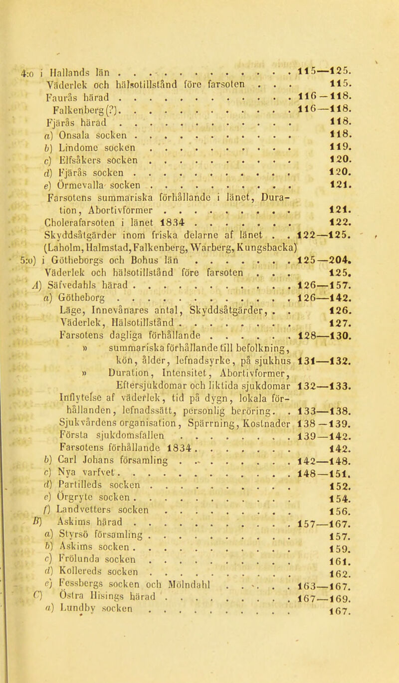 4:0 i Hallands liin . . 115—125. Vadcriek och hiilsotillstSnd foro farsoten ... 115. Fauras hflrad 116-118, Falkenberg (?) 116—118. Fjarås harad 118. a) Onsala socken 118. b) Lindome socken 119. c) Elfsåkers socken 120. d) FjarSs socken 120. e) Ormevalla socken 121. Farsotens summariska forliållando i lanct, Dura- tion, Abortivformer 121. Cholerafarsoten i lånet 1834 122. Skyddsatg5rder inom friska delarne af lånet . . 122—125. (Laholm, Halmstad, Falkenberg, Warberg, Kungsbacka) 5:o) i Gotlieborgs och Bohus lan 125—204. Vaderiek och halsotillstand fore farsoten . . . 125, A) Safvedahis harad 126—157. a) Golheborg 126—142. Lage, Innevanares antal, Skyddsåtgarder, . . 126. Vaderiek, HalsotillstSnd 127. Farsotens dagliga forhållande 128—130. » summariska fdrhallandetill befolkning, kon, Sider, lefnadsyrke, p3 sjukhus 131—132. » Duralion, Intensitet, Abortivformer, Eftersjukdomar och liktida sjukdomar 132—133. Inflytefse af vaderiek, tid pa dygn, lokala for- hållanden, lefnadssatt, personlig beroring. . 133—138. Sjukvardens organisation, Sparrning, Kostnader 138—139. Forstå sjukdomsfallen 139—142. Farsotens forhållande 1834 142. b) Carl Johans forsamling . 142—148. c) Nya varfvet 148—151. rf) Partilleds socken 152. c) Orgrytc socken 154. f) Landvetters socken 156. B] Askims harad 157 i67. a) Slyrso forsamling 157. 6) Askims socken I59. c) Frolunda socken 161. d) Koilcreds socken 162. (') Fessbcrgs socken och Molndalil . . . . 163 167. . C) Oslra Hisings harad 167 169. fl) Lundby socken I67.