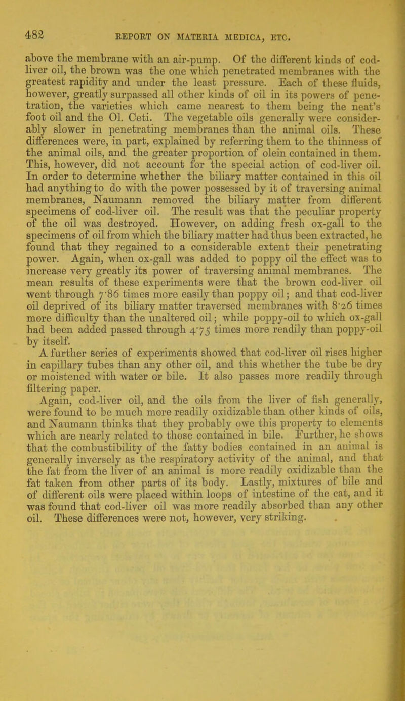 above the membrane with an air-pump. Of the different kinds of cod- liver oil, the brown was the one which penetrated membranes with the greatest rapidity and under the least pressure. Each of these fluids, however, greatly surpassed all other kinds of oil in its powers of pene- tration, the varieties which came nearest to them being the neat's foot oil and the 01. Ceti. The vegetable oils generally were consider- ably slower in penetrating membranes than the animal oils. These differences were, in part, explained by referring them to the thinness of the animal oils, and the greater proportion of olein contained in them. This, however, did not account for the special action of cod-liver oil. In order to determine whether the biliary matter contained in this oil had anything to do with the power possessed by it of traversing animal membranes, Naumann removed the biliary matter from different specimens of cod-liver oil. The result was that the peculiar properly of the oil was destroyed. However, on adding fresh ox-gall to the specimens of oil from which the biliary matter had thus been extracted, he found that they regained to a considerable extent their penetrating power. Again, when ox-gall was added to poppy oil the effect was to increase very greatly its power of traversing animal membranes. The mean results of these experiments were that the brown cod-liver oil went through 7'86 times more easily than poppy oil; and that cod-liver oil deprived of its biliary matter traversed membranes with 8-26 times more difficulty than the unaltered oil; while poppy-oil to which ox-gall had been added passed through 475 times more readily than poppy-oil by itself. A further series of experiments showed that cod-liver oil rises higher in capillary tubes than any other oil, and this whether the tube be dry or moistened with water or bile. It also passes more readily through filtering paper. Again, cod-liver oil, and the oils from the liver of fish generally, were found to be much more readily oxidizable than other kinds of oils, and Naumann thinks that they probably owe this property to elements which are nearly related to those contained in bile. Further, he shows that the combustibility of the fatty bodies contained in an animal is generally inversely as the respiratory activity of the animal, and that the fat from the liver of an animal is more readily oxidizable than the fat taken from other parts of its body. Lastly, mixtures of bile and of different oils were placed within loops of intestine of the cat, and it was found that cod-liver oil was more readily absorbed than any other oil. These differences were not, however, very striking.