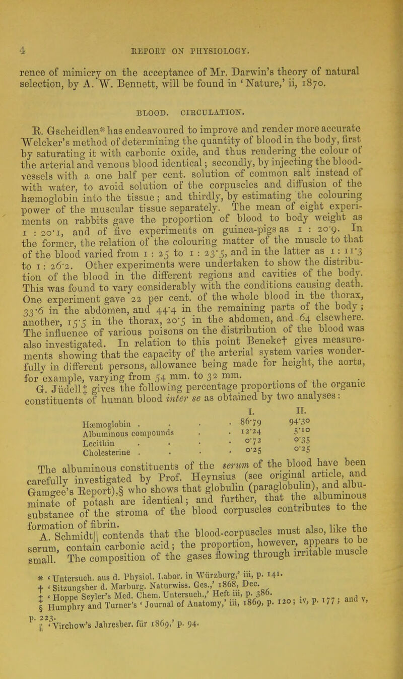 rence of mimicry on the acceptance of Mr. Darwin's theory of natural selection, by A. W. Bennett, will be found in 'Nature,' ii, 1870. BLOOD. CIBCTJLATION. R. Gscheidlen* has endeavoured to improve and render more accurate Welcker's method of determining the quantity of blood in the body, first by saturating it with carbonic oxide, and thus rendering the colour of the arterial and venous blood identical; secondly, by injecting the blood- vessels with a one half per cent, solution of common salt instead of with water, to avoid solution of the corpuscles and diffusion of the hemoglobin into the tissue ; and thirdly, by estimating the colouring power of the muscular tissue separately. The mean of eight experi- ments on rabbits gave the proportion of blood to body weight as 1 : 20-1, and of five experiments on guinea-pigs as 1 : 20-9. In the former, the relation of the colouring matter of the muscle to that of the blood varied from 1 : 25 to 1 : 23-5, and in the latter as 1 : 11-3 to 1: 26-2. Other experiments were undertaken to show the distribu- tion of the blood in the different regions and cavities of the body. This was found to vary considerably with the conditions causing death. One experiment gave 22 per cent, of the whole blood m the thorax, 53-6 in the abdomen, and 44-4 in the remaining parts of the body ; another, i<-i in the thorax, 20^ in the abdomen, and 64 elsewhere. The influence of various poisons on the distribution of the blood was also investigated. In relation to this point Benekef gives measiire- ments showing that the capacity of the arterial system varies wonder- fully in different persons, allowance being made for height, the aorta, for example, varving from 54 mm. to 32 mm. G Jiidellt gives the following percentage proportions of the organic constituents of human blood inter se as obtained by two analyses: i. n. Hemoglobin . 86-79 94\S° Albuminous compounds . • 12-24 5 10 Lecithin . • • .072 0-35 Cholesterine . °'2S 0 2a The albuminous constituents of the serum of the blood have been carefully investigated by Prof. Heynsius (see original article and Gameee's Eeport),§ who shows that globulin (paraglobulin) and albu- minate of potash are identical; and further, that the albuminous sXtance 0? the stroma of the blood corpuscles contributes to the fTlchml?conWds that the blood-corpuscles must also, like the serum SaiVcarbonic acid; the proportion, however, appears to be small The composition of the gases flowing through irritable muscle * 'Untersuch. aus d. Physiol. Labor, in Wtoburg,' iu, p. 141- + ' Sitzungsber d. Marburg. Naturwiss. Ges.,' 1868, Dec- + « TInnne Sevier's Med. Chcm. Untersuch./ Heft ill, p. , ■ I IlXhry ?nd Turner's 'Journal of Anatomy,' hi, 1869. P- «oj iv, p. i77i and v, p. 223 Virchow's Jaliresber. fiir 1869,' p. 94-