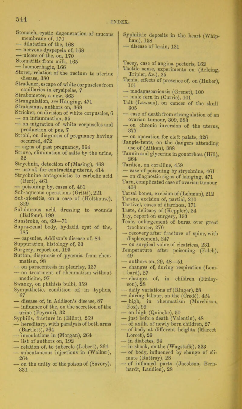 INDEX. Stomach, cystic degeneration of mucous membrane of, 170 — dilatation of the, 168 — nervous dyspepsia of, 168 — ulcers of the, on, 170 Stomatitis from milk, 165 — hsamorrhagio, 166 Storer, relation of the rectum to uterine disease, 380 Stradener, escape of white corpuscles from capillaries in erysipelas, 7 Strabometer, a new, 363 Strangulation, see Hanging, 471 Strabismus, authors on, 368 Strieker, on division of white corpuscles, 6 — on inflammation, 35 — on migration of white corpuscles and production of pus, 7 Strohl, on diagnosis of pregnancy having occurred, 472 — signs of past pregnancy, 394 Strove, elimination of salts by the urine, 32 Strychnia, detection of (Masing), 468 — use of, for contracting uterus, 414 Strychnine antagonistic to carbolic acid (Bert), 461 — poisoning by, cases of, 461 Sub-aqueous operations (Gritti), 221 Sub-glossitis, on a case of (Holthouse), 329 Sulphurous acid dressing to wounds (Balfour), 199 Sunstroke, on, 69—71 Supra-renal body, hydatid cyst of the, 185 — capsules, Addison's disease of, 84 Suppuration, histology of, 33 Surgery, report on, 193 Sutton, diagnosis of pyemia from rheu- matism, 98 — on paracentesis in pleurisy, 137 — on treatment of rheumatism without medicine, 97 Swanzy, on phthisis bulbi, 359 Sympathetic, condition of, in typhus, ' 67 — disease of, in Addison's disease, 87 — influence of the, on the secretion of the urine (Peyrani), 32 Syphilis, fracture in (Elliot), 269 — hereditary, with paralysis of both arms (Bartlett), 264 — inoculations in (Morgan), 264 — list of authors on, 192 — relation of, to tubercle (Lebert), 264 — subcutaneous injections in (Walker), 264 — on the unity of the poison of (Savory), 331 Syphilitic deposits in the heart (Whip- ham), 158 — disease of brain, 121 (Arloing, Tacey, case of angina pectoris, 162 Tactile sense, experiments on (Arl Tripier, &c), 25 Tenia, effects of presence of, on (Huber), 101 V ' — madagascariensis (Grenet), 100 — male fern in (Currie), 101 T.iit (Lawson), on cancer of the skull 305 — case of death from strangulation of an ovarian tumour, 309, 383 — on chronic inversion of the uterus, 377 — on operation for cleft palate, 326 Tangle-tents, on the dangers attending use of (Aitken), 388 Tannin and glycerine in gonorrhoea (Hill), 264 Tardieu, on coralline, 459 — case of poisoning by strychnine, 461 — on diagnostic signs of hanging, 471 Tarn, complicated case of ovarian tumour 406 Tarsal bones, excision of (Lehman), 212 Tarsus, excision of, partial, 210 Tartivel, cases of diarrhoea, 171 Taste, delicacy of (Keppler), 24 Tay, report on surgery, 193 Tcale, enlargement of bursa over great trochanter, 276 — recovery after fracture of spine, with displacement, 247 — on surgical value of cicatrices, 231 Temperature after poisoning (Falch), 49 — authors on, 29, 48—51 — changes of, during respiration (Lom- bard), 27 — changes of, in children (Finlay- son), 28 — daily variations of (Ringer), 28 — during labour, on the (Crede), 424 — high, iu rheumatism (Murchison, Fox), 99 — on high (Quincke), 50 — just before death (Valentin), 48 — of axilla of newly born children, 27 — of body at different heights (Marcet Lorcet), 29 — in diabetes, 94 — in shock, on the (Wagstaffe), 323 — of body, influenced by change of cli- mate (Rattray), 28 — of inflamed parts (Jacobson, Bern- hardt, Laudien), 28