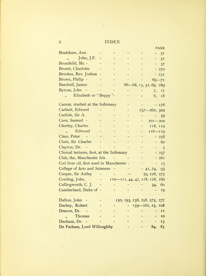 PAGE Bradshaw, Ann - . _ - 31 JohnJ.P. - 31 Bromfeild, Mr. - - 37 Bronte, Charlotte - - . - 270 Brookes, Rev. Joshua - - - - 231 Brown, Philip - - - - 69- -71 Burchall, James - - 66— -68, 13, 32, 69, 289 Byrom, John - - . - 7, 17 „ Elizabeth or  Beppy - 6, 18 Cancer, studied at the Infirmary 1/U Carbutt, Edward - - . Carlisle, Sir A. ... CO Cave, bamuel - - - - 201 — -202 L^norley, Lnarles . _ _ 118, 110 „ Edwood - - 118- -I IQ Clare, Peter - - - . -30 Clark, Sir Charles . . . 60 Clayton, Dr. - - - - 5 Clinical lectures, first, at the Infirmary Club, the, Manchester Iris •7^1 T Cod liver oil, first used in Manchester - 23 College of Arts and Sciences - - 41.74, 93 Cooper, Sir Astley 59, 226, 2/5 Cowling, John, - no—111,44,47,118,128, T f\r\ Cullingworth, C. J. - 34, 60 Cumberland, Duke of - 19 Dalton, John - - 150,193,238,258,273, 277 Darbey, Robert _ . . 159—161, 23, 108 Deacon, Dr. . _ . . II „ Thomas . . _ 10 Denham, Dr. - - - - 13 De Parham, Lord Willoughby 84, 8s