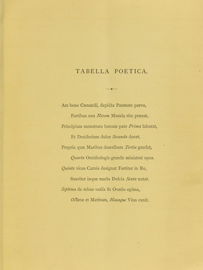 TABELLA POETICA. Ars bene Caenandi, depidla Poemate parvo, Partibus una Novem Musula rite praeest. Principium monstrare bonum pars Fritna laborat, Et Desiderium dulce Sectmda docet. Propria quge Maribus describere Tertia gaudet, Quarta Omithologis grande ministrat opus. Quinta vices Camis designat Fortiter in Re, Suaviter inque modo Dulcia Sexta notat. Septima de rebus variis fit Ovatio opima, OHava et Merituin, Nonaque Vina canit.