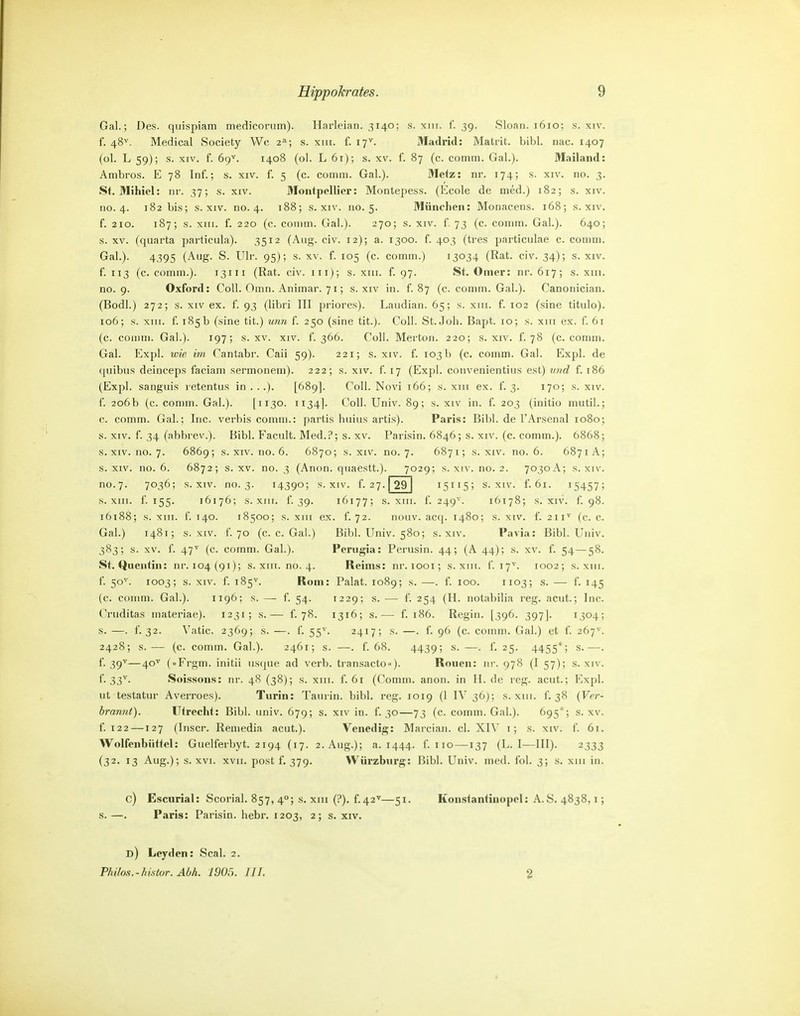 Gal.; Des. quispiam medicorum). Harleian. 3140; s. xni. f. 39. Sloan. 1610; s. xiv. f. 48^. Medical Society Wc 2^; s. xm. f. 17^. Madrid: Matrit. bibl. nac. 1407 (ol. L 59); s. XIV. f. 6g'^. 1408 (ol. L 61); s. xv. f. 87 (c. comm. Gal.). Mailand: Ambros. E 78 Inf.; s. xiv. f. 5 (c. comm. Gal.). Metz: nr. 174; s. xiv. no. 3. St, Mihiel: nr. 37; .s. xiv. Montpellier: Montepess. (Ecole de med.) 182; s. xiv. no. 4. 182 bis; s. xiv. no. 4. 188; s. xiv. 110.5. München: Monacens. 168; s. xiv. f. 210. 187; s. XIII. f. 220 (c. comm. Gal.). 270; s. xiv. f, 73 (c. comm. Gal.). 640; s. XV. (quarta particula). 3512 (Aug. civ. 12); a. 1300. f. 403 (tres particulae c. comm. Gal.). 4395 (Aug. S. Ulr. 95); s. xv. f. 105 (c. comm.) 13034 (Rat. civ. 34); s. xiv. f. 113 (c. comm.). 13111 (Rat. civ. iii); s. xiii. f. 97. St, Omer: nr. 617; s. xm. no. 9. Oxford: Coli. Omn. Animar. 71; s. xiv in. f. 87 (c. comm. Gal.). Canonician. (Bodl.) 272; s. XIV ex. f. 93 (libri III priores). Laudian. 65; s. xm. f. 102 (sine titulo). 106; s. XIII. f. 185b (sine tit.) unn f. 250 (sine tit.). Coli. St. Job. Bapt. 10; s. xm ex. f. 61 (c. comm. Gal.). 197; s. xv. xiv. 1. 366. Coli. Merton. 220; s. xiv. f. 78 (c. comm. Gal. Expl. wie im Cantabr. Caii 59). 221; s. xiv. 1. 103b (c. comm. Gal. Expl. de quibiis deinceps faciam sermonem). 222; s. xiv. f. 17 (Expl. convenientius est) ynd f. 186 (Exj^l. sanguis retentus in . ..). [689]. Coli. Novi 166; s. xm ex. f. 3. 170; s. xiv. f. 206b (c. comm. Gal.). [1130. 1134]. Coli. Univ. 89; s. xiv in. f. 203 (initio niutil.; c. comm. Gab; Inc. verbis comm.: partis huius artis). Paris: Bibl. de l'Arsenal 1080; s. XIV. f. 34 (abbrev.). Bibl. Facult. Med.?; s. xv. Parisin. 6846; s. xiv. (c. comm.). 6868; s. XIV. no. 7. 6869; s. XIV. no. 6. 6870; s. xiv. no. 7. 6871; s. xiv. no. 6. 6871 A; s. XIV. no. 6. 6872; s. XV. no. 3 (Anon. quaestt.). 7029; s. xiv. no. 2. 7030A; s. xiv. no.7. 7036; s. XIV. no. 3. 14390; s. XIV. f. 27. 29 '5ii5> s. xiv. f. 61. 15457; s. xm. f. 155. 16176; s. xm. f. 39. 16177; s. xm. f. 249^'. 16178; s. xiv. f. 98. 16188; s. XIII. f. 140. 18500; s. xm ex. f. 72. nouv. acq. 1480; s. xiv. f. 211^ (c. c. Gal.) 1481; s. XIV. f. 70 (c. c. Gal.) Bibl. Univ. 580; s. xiv. Pavia: Bibl. Univ. 383; s. XV. f. 47^ (c. comm. Gab). Perugia: Perusin. 44; (A 44); s. xv. f. 54—58. St.Quentin: nr.i04(9i); s. xm. no. 4. Reims: nr. looi; s. xm. (.17^. 1002; s. xm. f. 50^. 1003; s. XIV. f. 185^ Rom: Palat. 1089; s. —. f. 100. 1103; s. — f. 145 (c. comm. Gab). 1196; s. — f. 54. 1229; s. — f. 254 (H. notabilia reg. acut.; Inc. Cruditas materiae). 1231; s.— f. 78. 1316; s.— f. 186. Regln. [396. 397]. 1304; s. —. f. 32. Vatic. 2369; s. —. f. 55^. 2417; s. —. f. 96 (c. comm. Gal.) et 1'. 267^. 2428; s. — (c. comm. Gab). 2461; s. —. f. 68. 4439; s. —. 1'. 25. 4455*; s.—. f. 39^—40^ (Frgin. iiiitii iisque ad verb. transacto«). Ronen: nr. 978 (I 57); s. xiv. f. 33^. Soi.ssons: nr. 48 (38); s. xm. f. 61 (Comm. anon. in H. de reg. acut.; Expl. ut testatur Averroes). Turin: Taurin. bibl. reg. 1019 (1 IV 36); s. xm. f. 38 (Ver- brannt). Utrecht: Bibl. univ. 679; s. xiv in. f. 30—73 (c. comm. Gab). 695*; s. xv. f. 122 —127 (Inscr. Remedia acut.). Venedig: Marcian. cl. XIV i; s. xiv. f. 61. Wolfenbiittel: Guelferbyt. 2194 (17. 2. Aug.); a. 1444. f. 110 —137 (L. I-—III). 2333 (32. 13 Aug.); s. XVI. XVII. post f. 379. VVürzburg: Bibl. Univ. med. fol. 3; s. xm in. c) Escurial: Scorial. 857, 4°; s. xm (?). f.42^—51. Konstantinopel: A.S. 4838, i; s. —. Paris: Parisin. bebr. 1203, 2; s. xiv. d) Leyden: Seal. 2. Philos.-histor. Abh. 1905. III. 2