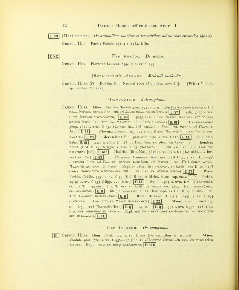 E. NN I [TTepi zu)ü)N ?]. De animaUhus marinis et terrestribus ad morbos curandos idoneis. Griech. Hds. Paris: Parisin. 2510; a. 1384. f. 80. E.XX TTepi HnAToc. De iecore. Griech. Hds. Florenz: Laurent. App. 2; s. xv. f. 344. [e ePAnevTiKH MeeoAOc. Medendi methodus]. Griech. Hdss. (?) [Dublin: Bibl. Narcissi 1709 (Methodus curandi)]. [Wien: Vindob. ap. Lambec. VI 145]. Matpocö^ion. Jatrosophium. Griech. Hdss. Aihos: Biba. mon.'Ibhpun 4294. 174; s. xvn. f.468 flATPocö^ioN eKAeAem. Yn6 nOAA. lATPIKÖN BIBAICüN TAA^Inn. KAI AAACON nOAA. CO<t>ü}N IATPCON) (Inn. lATPIKÖN CYNTArMATION E.57 4463- 343; s- XIX. E. 601 BIBAICON lATPIK. TaA. 'Inn. KAI MeAfiTlOY. 5769. 262; s. xviir. f. 15A (■'Iatpoc. ska. rnö bibaiun Air.). I E. 63 4655. 535; .s.xvi. (■'Iatpoc. eKAGAem. vno noAAÖN Inc. Oti 6 kocmoc). E. 61 AIA*OPOl). E.VV Saba E. 61 TTANTeAeHMONOC Taa. ''Inn. MsAeT. kai TTav'a. t. Florenz: Laurent. App. 2; s. xv. f. 222 (Iatpikön Inn. kaI Taa. iatpgTai Jerusalem: Bibl. patriarch. 148; s. xvi. f. 15^. | E. LL Bibl. Mar- 432; a. 1662. f. I (l. .. Faa. 'Inn. kai Mga. kai aaaun . .). London: kaI Faa. kta.). ])• E. 61a E. 63 Harleian. (Brit. Mus.) 5626; s. xv (xvi). f. 2 ('Iatpocö*. . . . 'Inn. Palermo: Panormit. bibl. naz. XllI C 3; s. xvi. f. i — 44^ ('Iatpocö*. 'Inn. kaI Faa. kai ctcpcon *iaocö*ü)n kaI iatpmn. Inc. TTepi Heorc iatpcün. TToAAnÖN Aei cTnai tön ihtpön. Expl. eN oypco, sn nTY'CMACiN, cn iapcoti) und f. 121—238 (Inscr. ANeoAÖnoN iatpoco*ikön 'Inn. KAI Faa. KAI eTcpuN iatpön). | E. 57 Parisin. Coislin. 335; s. xv. f. 75 (Gal. Hipp, et Melet. iatros. cap. 604). E. P Paris: Parisin. 2419; s. XV. f. 153 (Hipp. ... iatros.). E, LL j Suppl. 496; s. xvii. f. 7—9 ('Iatpocö*. CK TOY 'Inn. bibaioy. Inc. 'H mgn eN Äpxh toy nponATOPOc Aecic. Expl. mgaanökoadi KAI AeYKÖxpooi). I E. Q I 684; s. XV—xvin. f. 211 (latrosoph. ex Gal. Hipp, et aliis. Inc. ■■ercü Taamnöc neneiPAMeNOc). \e. R | Rom: Barberin. III 63 {— 245); s. xvi. f. 394 (Iatpocö*. . . . Faa. 'Inn. kai MeAST. nepi tynaiköc). E. ZZ | Wien: Vindob. med. 13; s. — f. 59—128 (Iatpocö*. 'Inn.). E. Q | 14; s. •—| E. Q 53; s. xvi. f. 59^—128^ (Inc. f. 70 nepi ÄnNTANOY eic kpion ä. Expl. aöc nieTN /acta oInoy kai (ü*eAeTTAi: — tbaoc tun OKB' Ke*AAAICON). E. LL n epi iapü)tü)n. De sudortbus. 64 Griech. Hdss. Rom: Pakt. 143; s. xv. f. 162 (De sudoribus febricnlosis). Wien: Vindob. phil. 178; s. xv. f. 43''—43^ (Inc. Ol a' iapütgc apictoi men eiciN eN XnACi to?cin öieoiciN. Expl. nicTei kai nöecü AOiAzwweN). E. 64b
