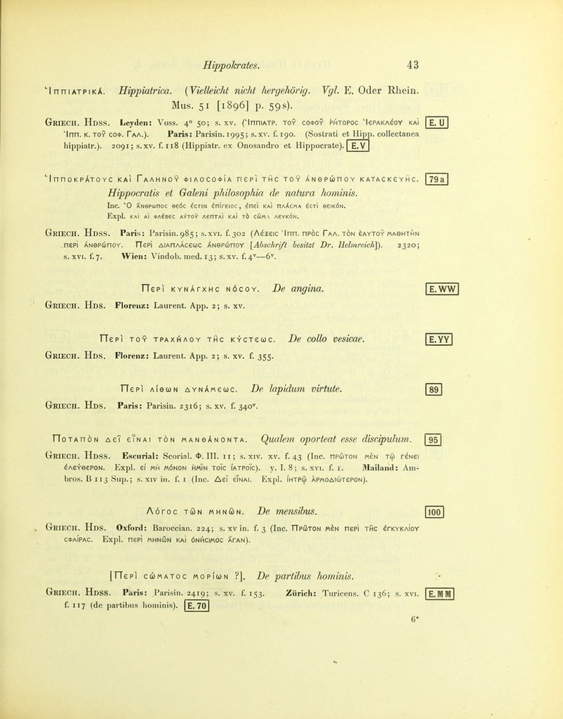 ■l nni ATPiKÄ. Hippiatrica. {Vielleicht nicht her gehör ig. Tgl. Oder Rhein. Mus. 51 [1896] p. 59s). Griech. Hdss. Leyden: Voss. 4° 50; s. xv. flnniATP. toy co*oy phtopoc lePAKAeGY kai | E. U | Inn. K. TOY co<t>. Faa.). Paris: Parisin. 1995; s.xv. f. 190. (Sostrati et Hipp. coUectanea hippiatr.). 2091; s.xv. f. 118 (Hippiatr. ex Onosandro et Hippociate). | E.v] Inn0KpAtoYC kai Taannoy <t>iA0C0<t>(A nepi thc toy ANepwnOY katackeyhc. Hippocratis ei Galeni philosophia de natura hominis. Lic. ''0 ANepunoc eeöc ecrm enireioc, enei kai haAcma ^ctI eeiKÖN. Expl. KAI AI «A^BeC AYTO? AGnTAI KaI TÖ Z&t\\ A6YKÖN. Griech. Hdss. Paris: Parisin. 985; s.xvi. f.302 (A^ieic'Inn. npöc Taa. TÖN GAYTOY MAeHTHN nepi ANepcinoY. TTePi AiAnAAcetoc ÄNePcinoY \Ähschrift besitzt Dr. Hehnreich]). 2320; S.XVI. f.7. Wien: Vindob. med. 13; s.xv. —6^. 79 a TTepi KYNÄrxHc nöcoy. De angina. Griech. Hds. Florenz: Laurent. App. 2; s. xv. E.WW TTepi TOY tpaxAaoy thc KYCTeuc. De collo vesicae. Griech. Hds. Florenz: Laurent. App. 2; s. xv. f. 355. E.YY TTepi AiecüN AYNAwewc. De lapidum virtute. Griech. Hds. Paris: Parisin. 2316; s.xv. f. 340^. 89 TToTAnoN agT gTnai tön mansänonta. Qualern oporteat esse discipulum. 95 Griech. Hdss. Escnrial: Scorial. «t». III. n; s. xiv. XV. f. 43 (Inc. npuTON «eN tu rsNei eASYeepoN. Expl. ei mh mönon hmTn toTc iatpoTc). y. 1.8; s. xvi. f. r. Mailand: Am- bros. B 113 Sup.; s. xiv in. f. i (Inc. AeT eTNAi. Expl. ihtpü) APMOAiwTepoN). Aoroc TÖN MHNÖN. De mensibus. Griech. Hds. Oxford: Baroccian. 224; s. xv in. f. 3 (Inc. TTpöton m^n nePi thc ^pkykaioy c0a[pac. Expl. nepi mhncSn km önhcimoc apan). 100 [TTepi cumatoc mopiun ?], De partibus hominis. Griech. Hdss. Paris: Parisin. 2419; s.xv. f. 153. Zürich: Turicens. C 136; s. xvi. f. 117 (de partibus hominis). E. 70 6* LWIM