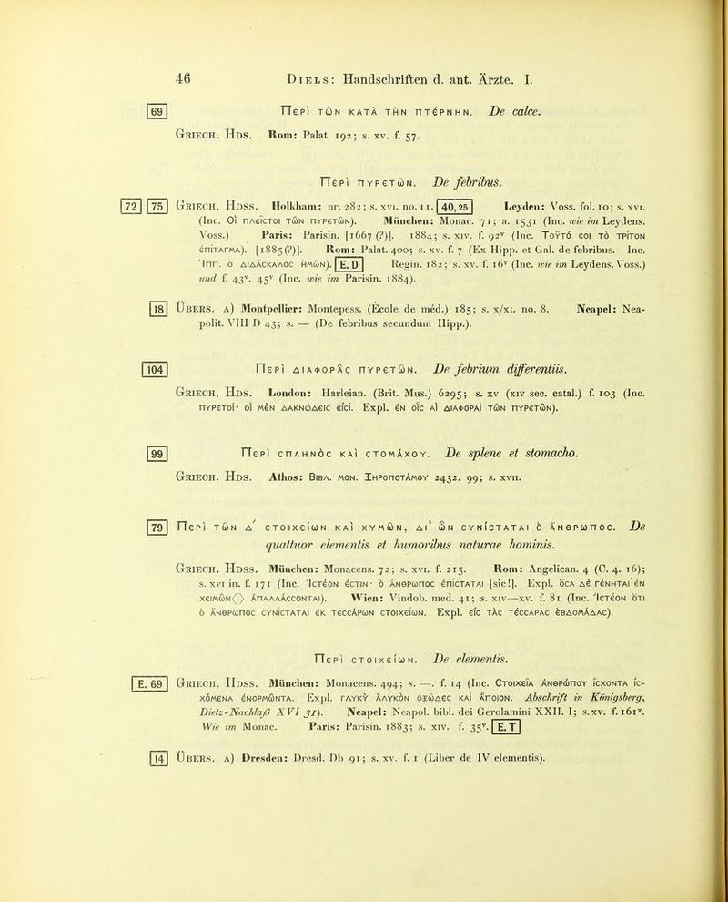 69 riepi TÖN KATA THN nT^PNHN. De Cülce. Griech. Hds. Rom: Palat. 192; s. xv. f. 57. 72 75 TTepi HYPeTÖN. De fehrihus. Geiech. HdsS. Holkham: nr. 282; s. xvi. no. 11. 40,25 | Leytlen: Voss. fol. 10; s. xvi. (Inc. Ol nAeTcTOi tön hypstun). München: Monac. 71; a. 1531 (Inc. w2e m Leydens. Voss.) Paris: Parisin. [1667 (?)]. 1884; s. xiv. f. 92'*' (Inc. Toytö coi TÖ tpiton eniTArMA). [i885(!*)]. Rom: Palat. 400; s. xv. f. 7 (Ex Hipp, et Gal. de febribus. Inc. Regln. 182; s. XV. f. 16^ (Inc. icie im Leydens. Voss.) Mnn. ö AiAÄCKAAOC hmcon). E. D und f. 43V. 45^ (Inc. wie im Parisin. 1884). 18 Übers, a) Montpellier: Montepess. (Ecole de med.) 185; s. x/xi. no. 8. polit. VIII D 43; s. — (De febribus secunduin Hijip.). Neapel: Nea- 104 TTepi AiA<t>opÄc HYPeTöN. De fehrium differentiis. Griech. Hds. London: Harleian. (Brit. Mus.) 6295; s. xv (xiv sec. catal.) f. 103 (Inc. HYPeToi- 01 MEN AAKNCüAelC eicL Expl. EN oTc AI AIA<t>OPAI TÖN HYPeTÖN). 99 TTepi cnAHNÖc kai ctomäxoy. De splene et stomacho. Griech. Hds. Athos: Bisa. mon. iHPonoTAMOY 2432. 99; s. xvn. 79 TTepi TÖN a' CTOixeicoN kai xymön, ai' Sn cynictatai ö ANGPConoc. De quattuor elementis et humoribus naturae hominis. Griech. Hdss. München: Monacens. 72; s. xvi. f. 215. Rom: Angelican. 4 (C. 4. 16); s. XVI in. f. 171 (Inc. ''IcTeoN ecTiN • ö ANepconoc ^nfcTATAi [sie!]. Expl. oca a^ reNHTAi'eN xeiMCüN<(i) ÄnAAAACCONTAi). Wien: Vindob. med. 41; s. xiv—xv. f. 81 (Inc. 'IcTeoN oti Ö ANSPUnOC CYNICTATAI 6K TECCAPUN CTOlXeiCüN. Expl. 6IC TAC T^CCAPAC 6BA0MAAAC). riepi cTOixeluN. De elementis. E. 69 Griech. Hdss. München: Monacens. 494; s. —. f. 14 (Inc. CTOixeiA ÄNepönoY Icxonta ic- XOMENA eNOPMÖNTA. Expl. TAYK'Y' aaykön öicüAec KAI AnolON. Abschrift in Königsherg, Dietz-Nachlaß XVI jj). Neapel: Neapol. bibl. dei Gerolamini XXII. I; s.xv. f. i6i^ Wie im Monac. Paris: Parisin. 1883; s. xiv. f. 35^. [ E. T] 14 Übers, a) Dresden: Dresd. Db 91; s. xv. f. i (Liber de IV elementis).