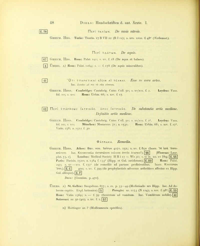 iE. 78 TTepi YAAiwN. De vasis vitreis. Griech. Hds. Turin: Taurin. 17 B VII 22 (B I 12); s. xvi. xviii. f. 48^^ {Verbrannt.). TTepi YAATUN. De aquis. 67] Griech. Hds. Rom: Palat. 192; s. xv. f. 18 (De aqua et balneo). I 4 I Übers, a) Rom: Palat. 1264; s. — f. 178 (De aquis inineralibus). eil '^Oti YnAPKTiKAi eiciN AI TexNAi. Esse re Vera artes. Inc. AoKäei moi tö m^n cymoan. Griech. Hdss. Cambridge: Caritabrig. Caius Coli. 50; s. xv/xvi. f. 2. Leydcn: Voss, fol. 10; s. xvi. Rom: Urbin. 68; s. xiv. f. 17. |62| TTepi YnÄpiewc iatpikhc. opoc ihtpikhc. De suhstantia artis medkae. Deßnitio artis medicae. Griech. Hi>SS. Cambridge: Cantabrig. Caiiis Coli. 50; s. xv/xvi. f. 2. Leydcn: Voss, fol. 10; s. XVI. München: Monacens. 71; a. 1531. Rom: Urbin. 68; s. xiv. f. 17^. Vatic. 278; a. 1512 f. 30. 0 Ä p M A K A. Remedia. Griech. Hdss. Athos: Biba. mon. Ibhpwn 4271. 151; s. xv. f. 853 (Inscr. ''H iePA Inno KPATOYC. Inc. KoAOKYNeiAi eNTePiCüNHN CKiAAHC önTHC afapikoy). 98 [Florenz: Laar plut. 73, i]. London: Medical Society H H i 17 =^ We 30; s. xi in. no. 21 Dbg. j E. 55 Paris: Parisin. 2510; a. 1384 f. 133'^ (Hipp, et Gal. antidotum). E.OO Rom: Palat. 297; s. XV —XVI. f. 157^ (de remediis ad partum proficientibus. Inscr. Kyhthpion 400; s. XV. f. 399 (de prophylacticis adversus arthriticos affectus ex Hipp. E.C Inn.). Gal. aliisque). | E. F Dazu: [Gunzian. p. 470]. Übers, a) St. Gallen: Sangallens. 877; s. ix. p. 33—49 (Medicinalis ars Hipp. Inc. Ad do- lorem capitis. Expl. bettonica). 5 Rom: Vatic. 2369; s. Perugia: nr. 1173 (N 124); s. xiv. f. 98^. j E. 231 f. 59 (Secretum ad vomitum. Inc. Vomitivum nobile). | 411 Soissons: nr. 50 (40); s. xv. f. i. 57 n) Hottinger nr. ? (Medicamenta specifica).